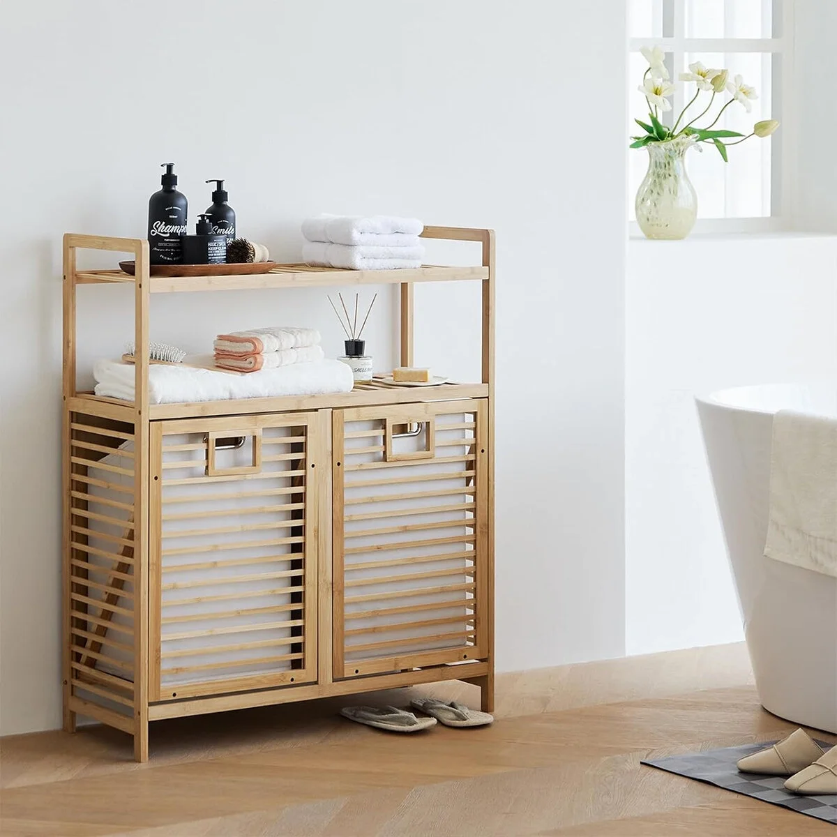 Kirli 2 Kat Organizer Raflı - 2 Bölmeli Önden Çek Aç Kalın Ahşap Bambu Kirli Çamaşır Sepeti 80x33x87cm Bx40 Fiyatı, Yorumları ve Özellikleri