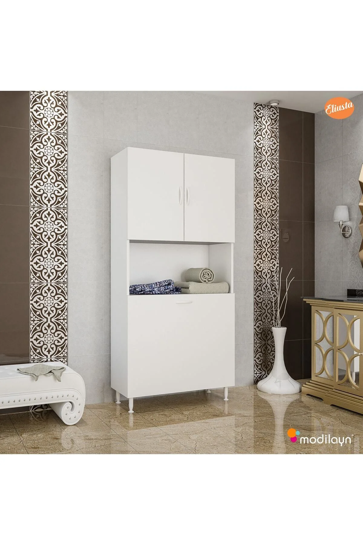 Kirli Çamaşır Dolabı Iki Kapaklı Sepetli Raflı Banyo Dolabı