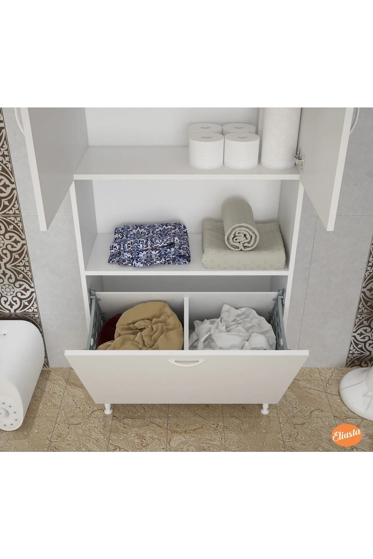 Kirli Çamaşır Dolabı Iki Kapaklı Sepetli Raflı Banyo Dolabı