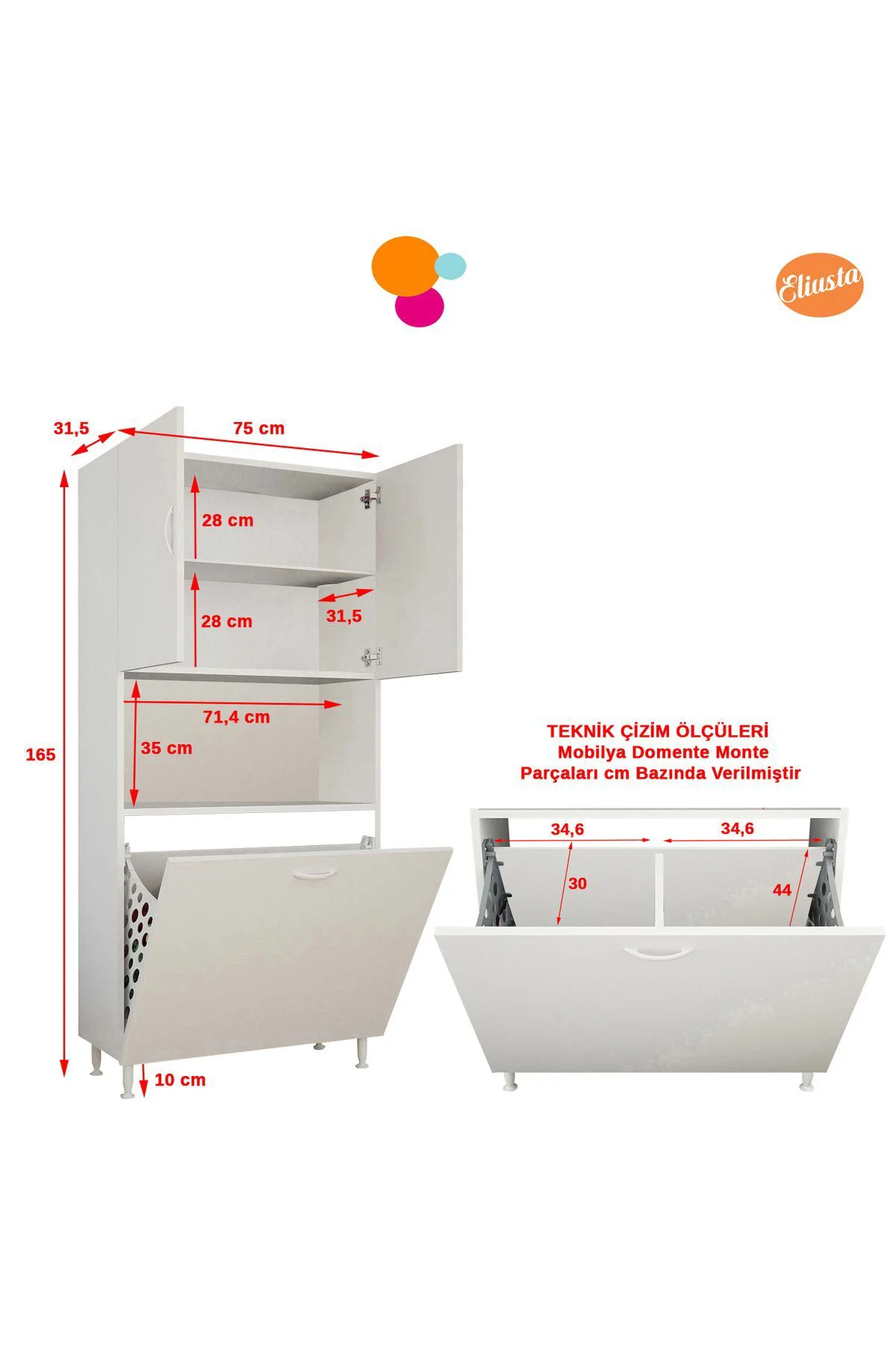 Kirli Çamaşır Dolabı Iki Kapaklı Sepetli Raflı Banyo Dolabı