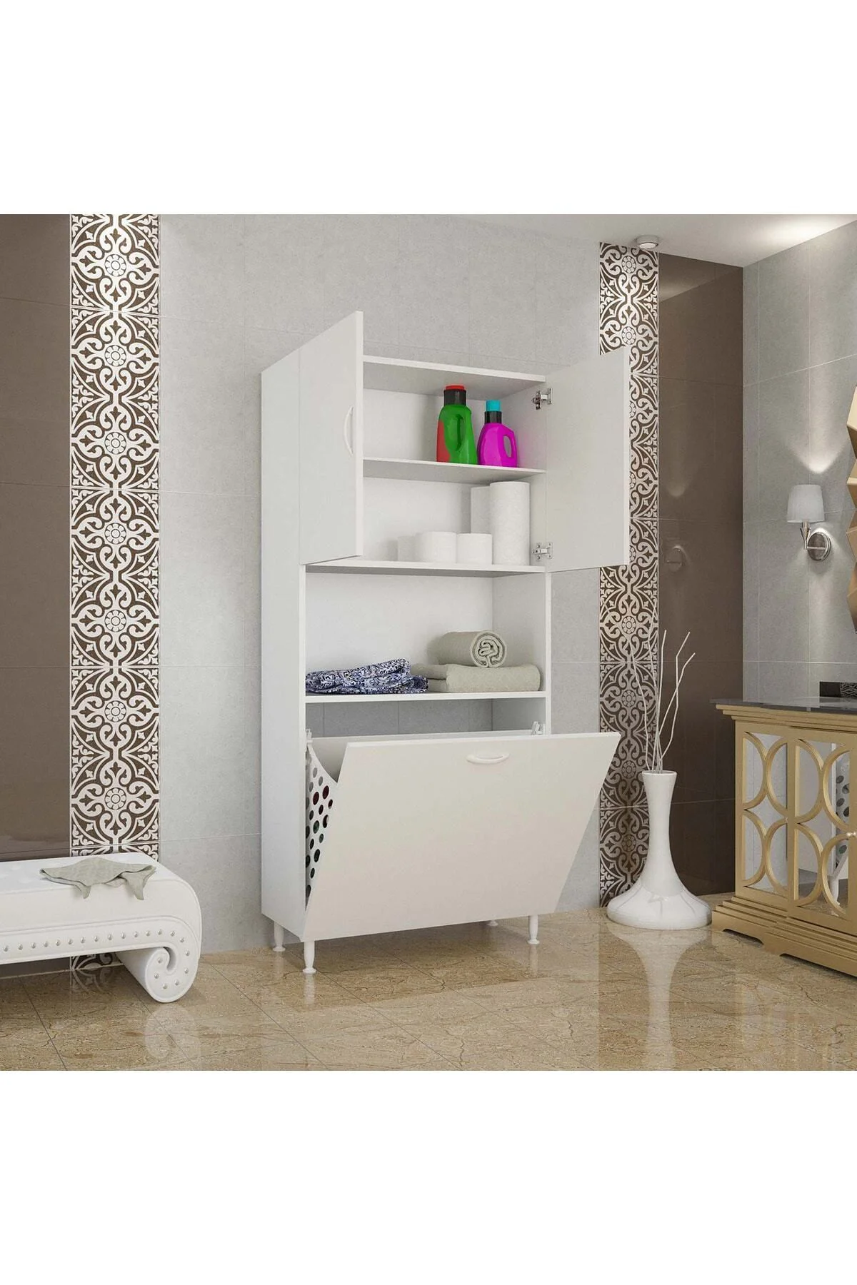 Kirli Çamaşır Dolabı Iki Kapaklı Sepetli Raflı Banyo Dolabı