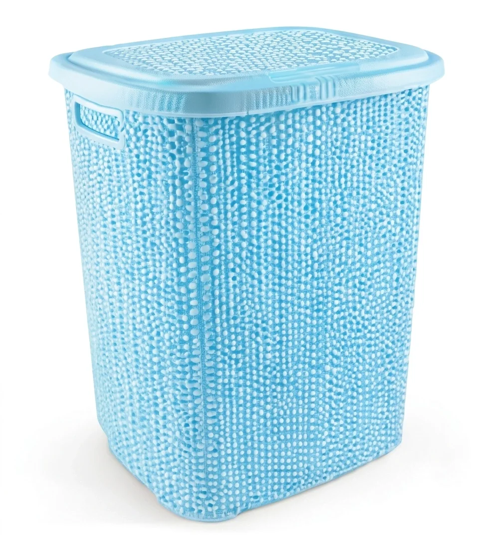 Kirli Çamaşır Sepeti Kapaklı 65 Lt Örgü Desenli Plastik Çamaşır Sepeti Banyo Sepeti - Mavi