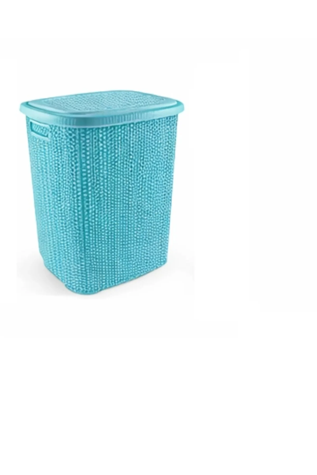 Kirli Çamaşır Sepeti Kapaklı 65 Lt Örgü Desenli Plastik Çamaşır Sepeti Banyo Sepeti - Turkuaz - Görsel 2