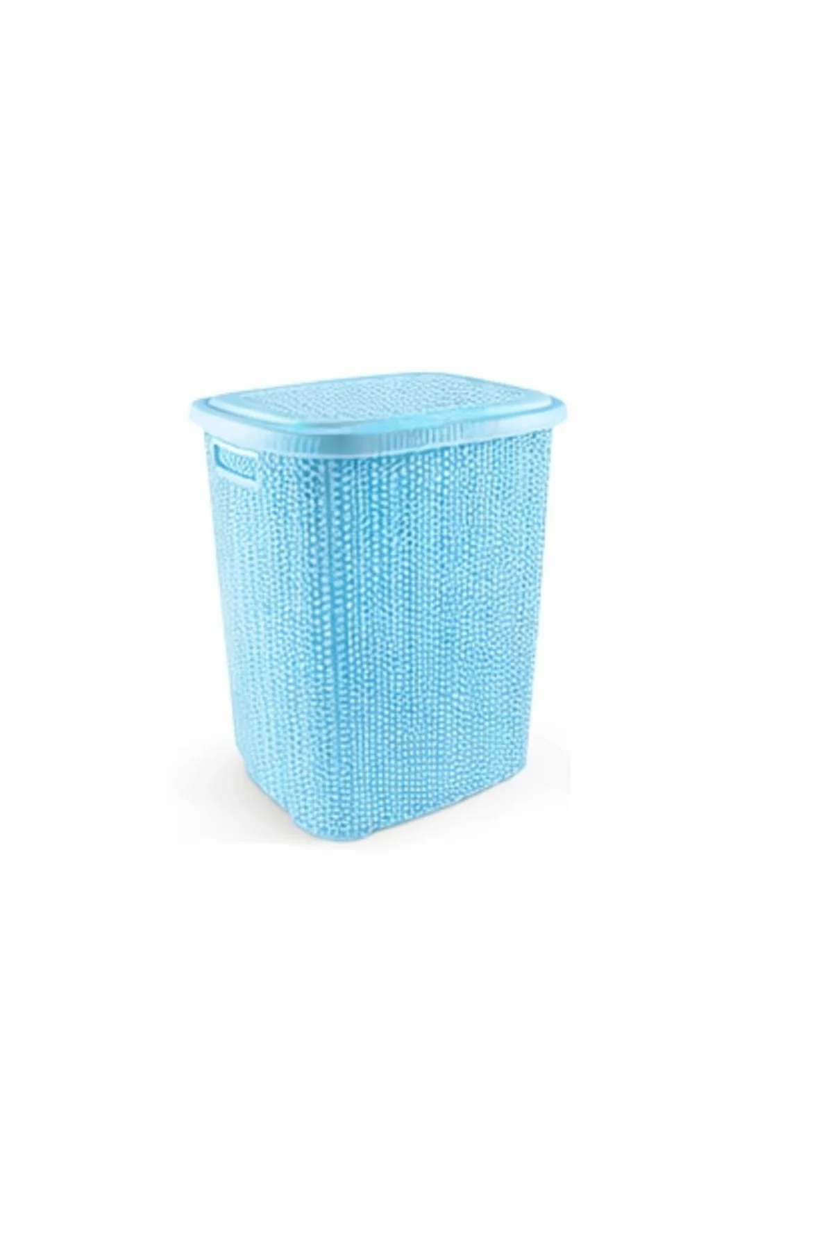 Kirli Çamaşır Sepeti Kapaklı 65 Lt Örgü Desenli Plastik Çamaşır Sepeti Banyo Sepeti - Mavi - Görsel 2