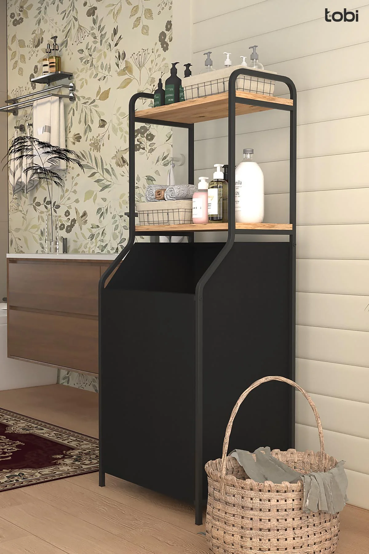 Kirli Sepeti Ahşap Raflı 2 Katlı Geniş Kumaş Banyo Dolabı Düzenle