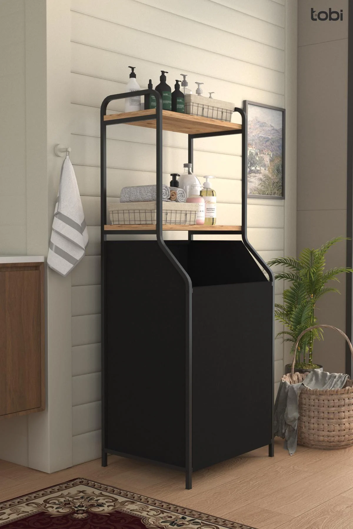 Kirli Sepeti Ahşap Raflı 2 Katlı Geniş Kumaş Banyo Dolabı Düzenle