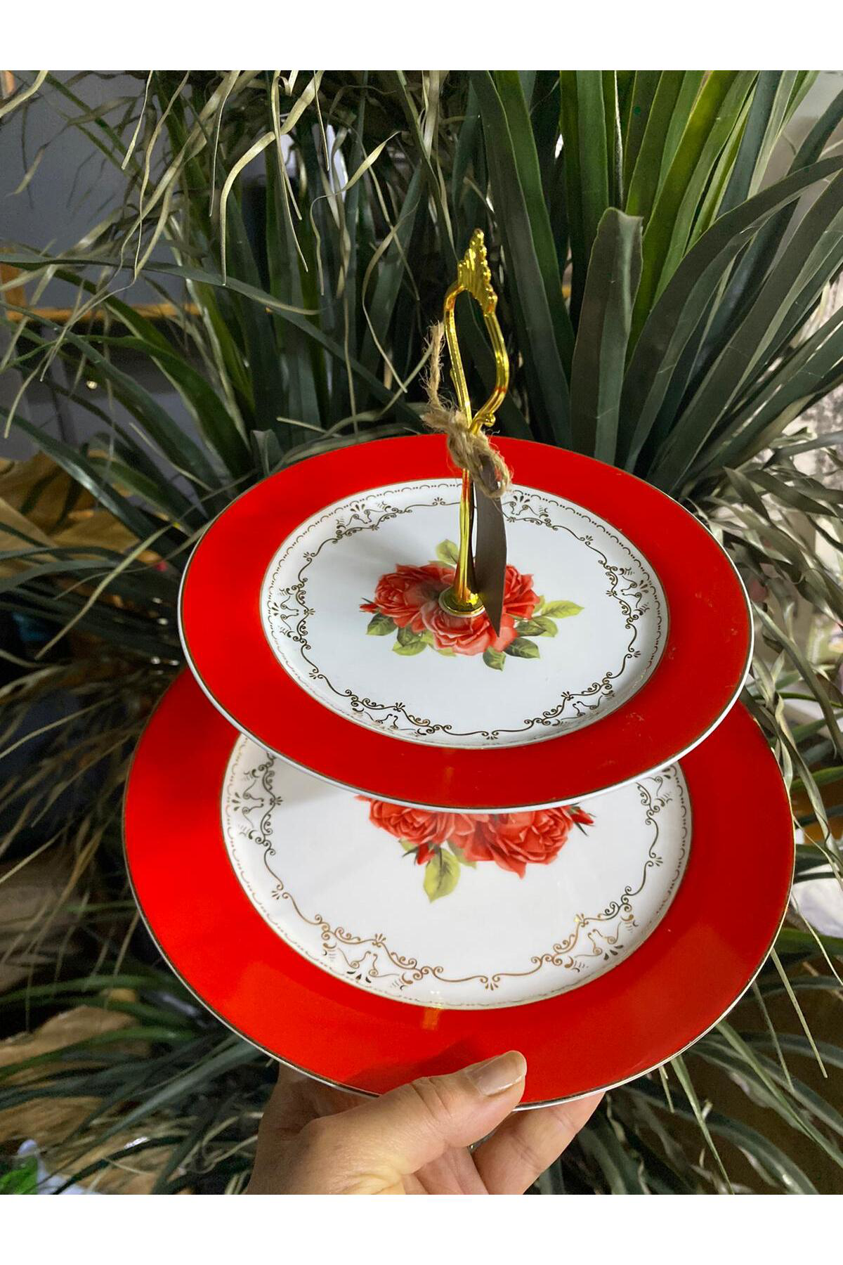 Elif Aksesuar Kırmızı 2 Katlı Sunum Tabağı