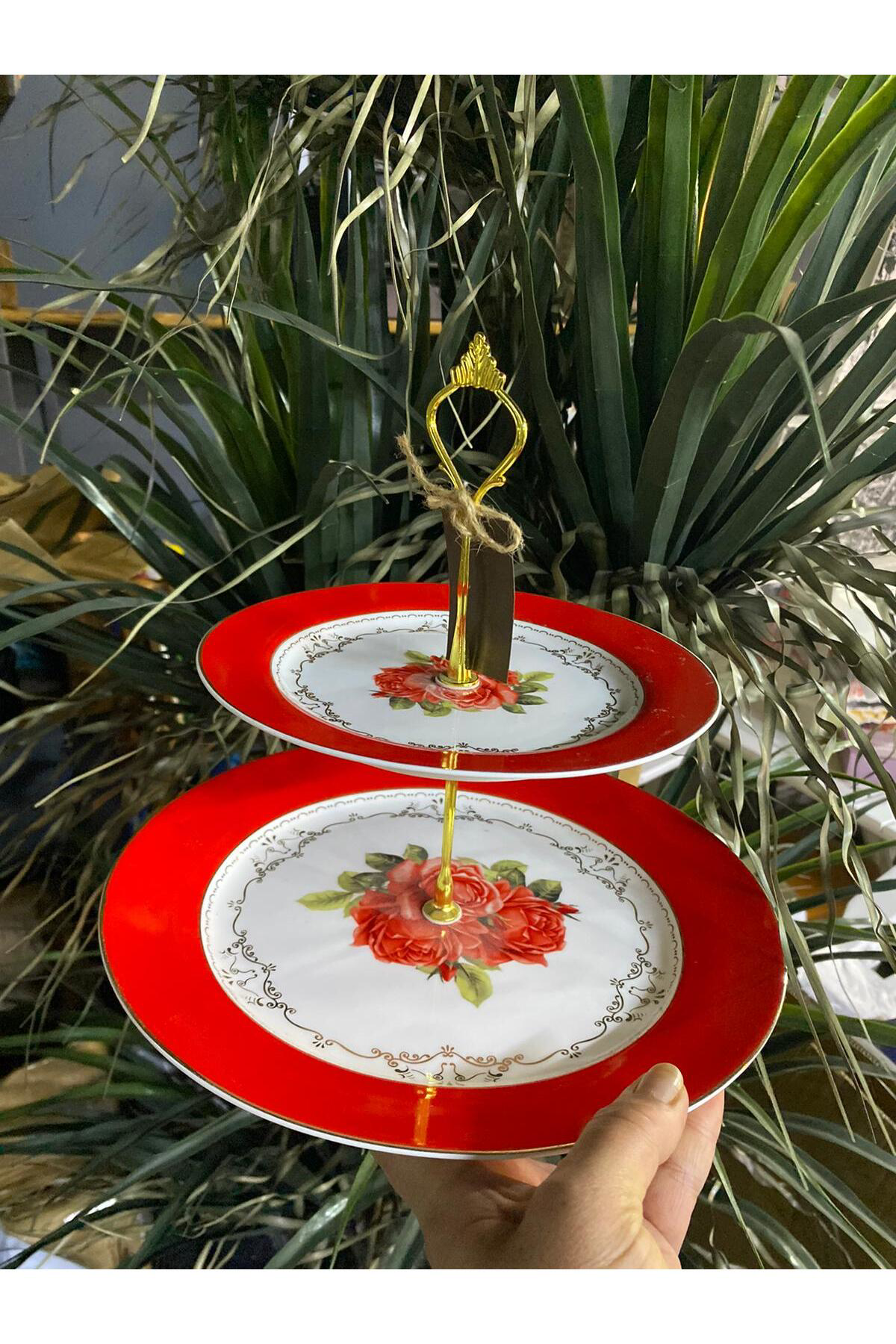 Kırmızı 2 Katlı Sunum Tabağı