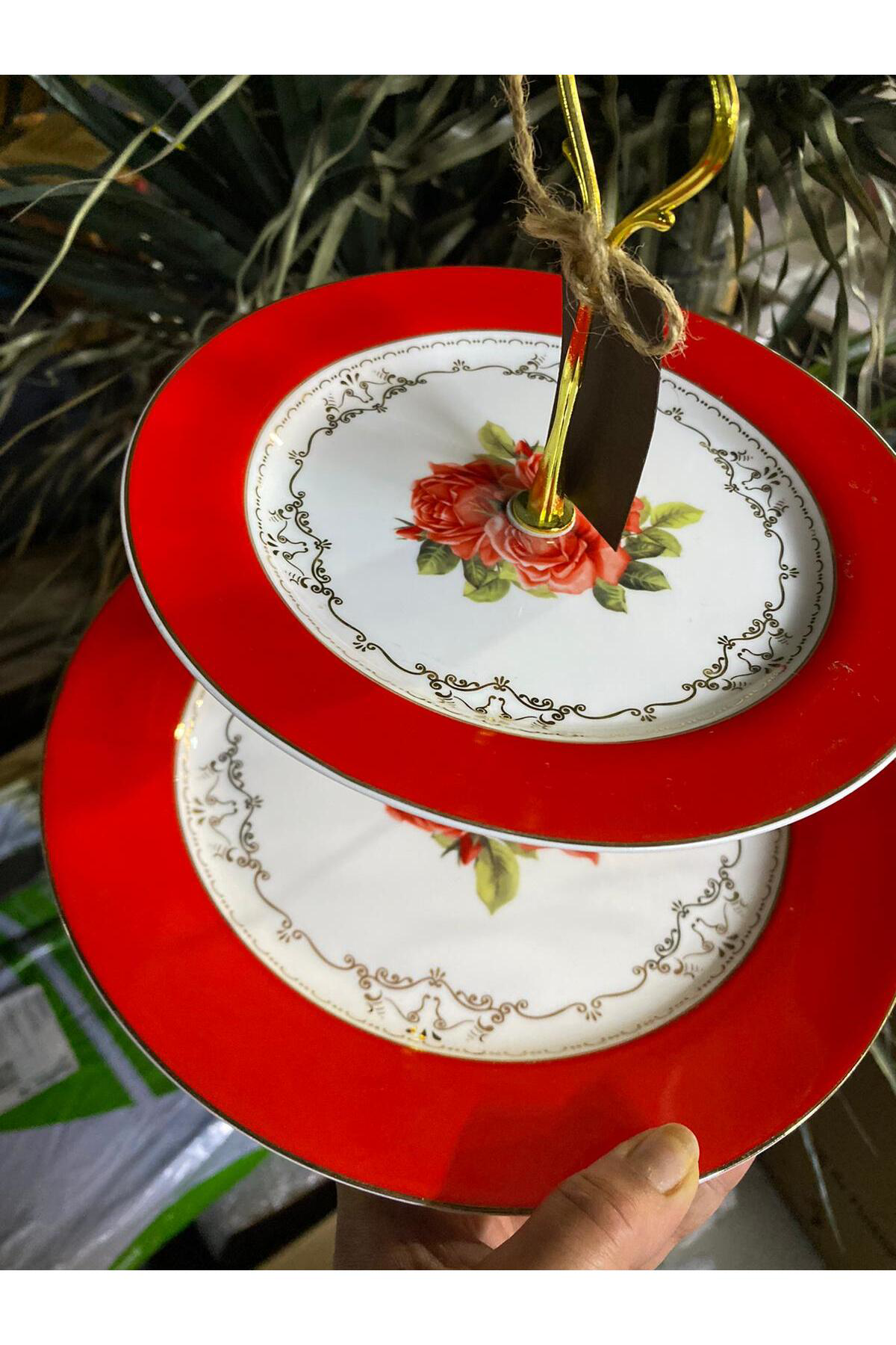 Kırmızı 2 Katlı Sunum Tabağı