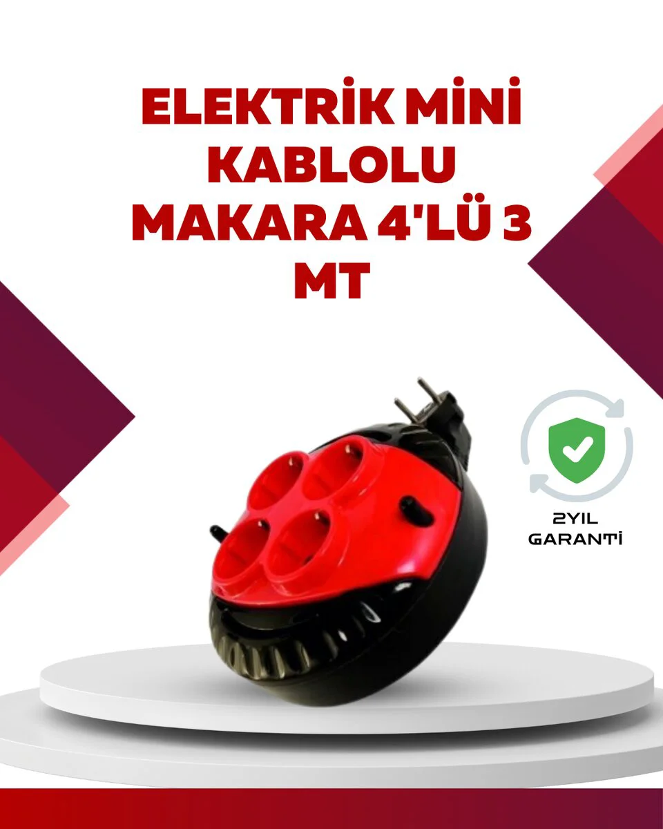 Kırmızı 3 Metre 4'lü Kablolu Priz Makarası - Ev Ofis Kullanımına Uygun CE İşaretli
