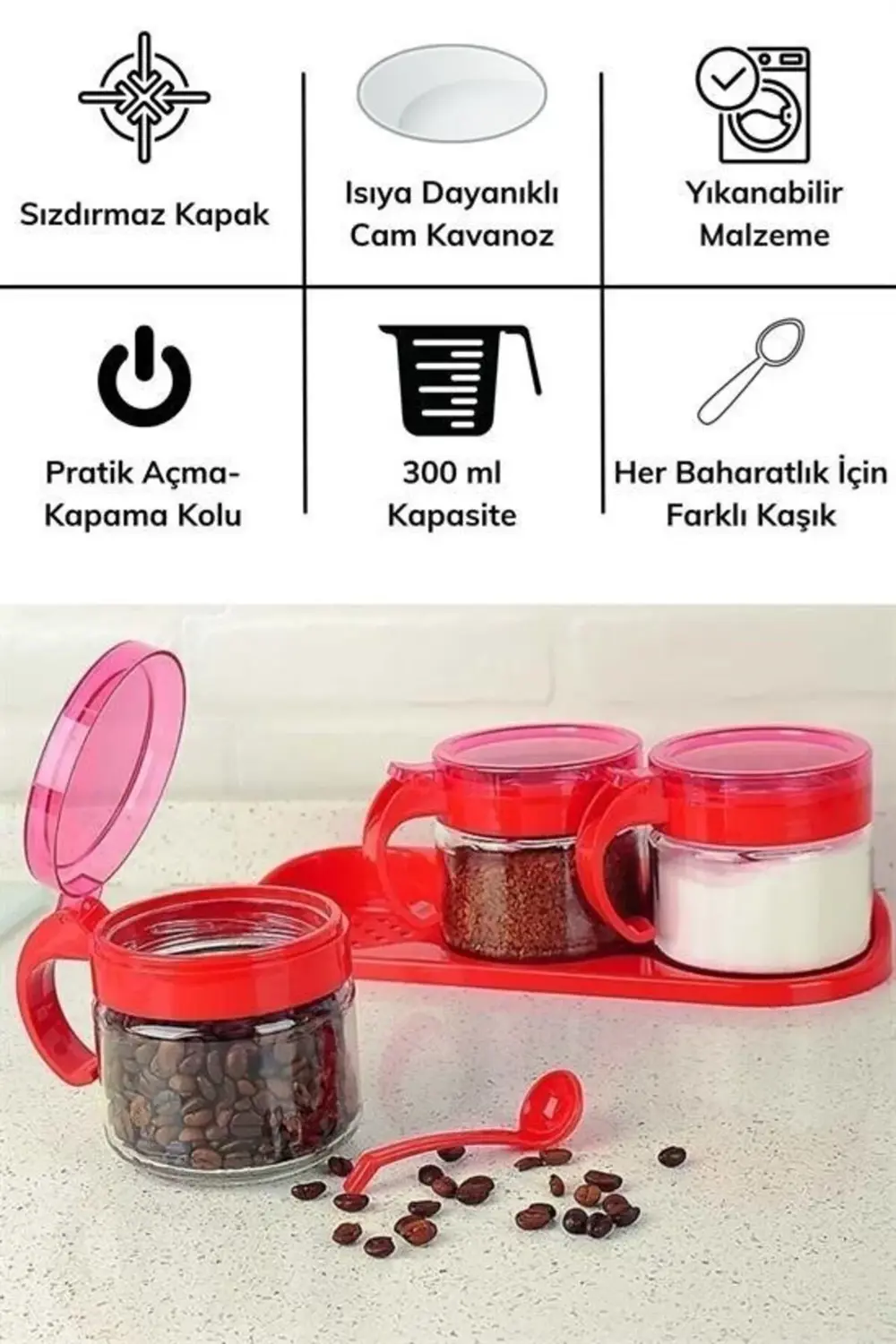 ® Kırmızı 3lü Standlı Kapaklı Kaşıklı Cam Hava Sızdırmaz Baharatl