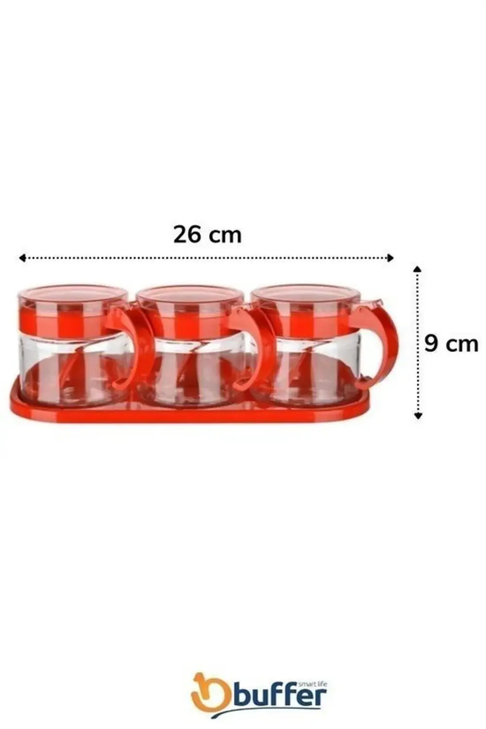 ® Kırmızı 3lü Standlı Kapaklı Kaşıklı Cam Hava Sızdırmaz Baharatl
