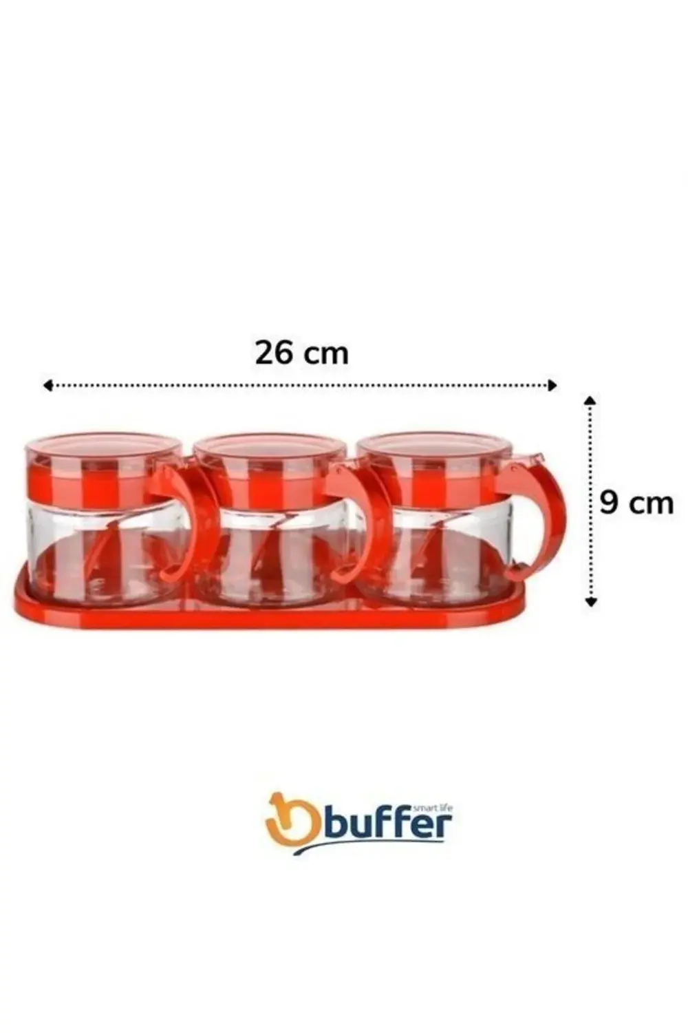 ® Kırmızı 3lü Standlı Kapaklı Kaşıklı Cam Hava Sızdırmaz Baharatl