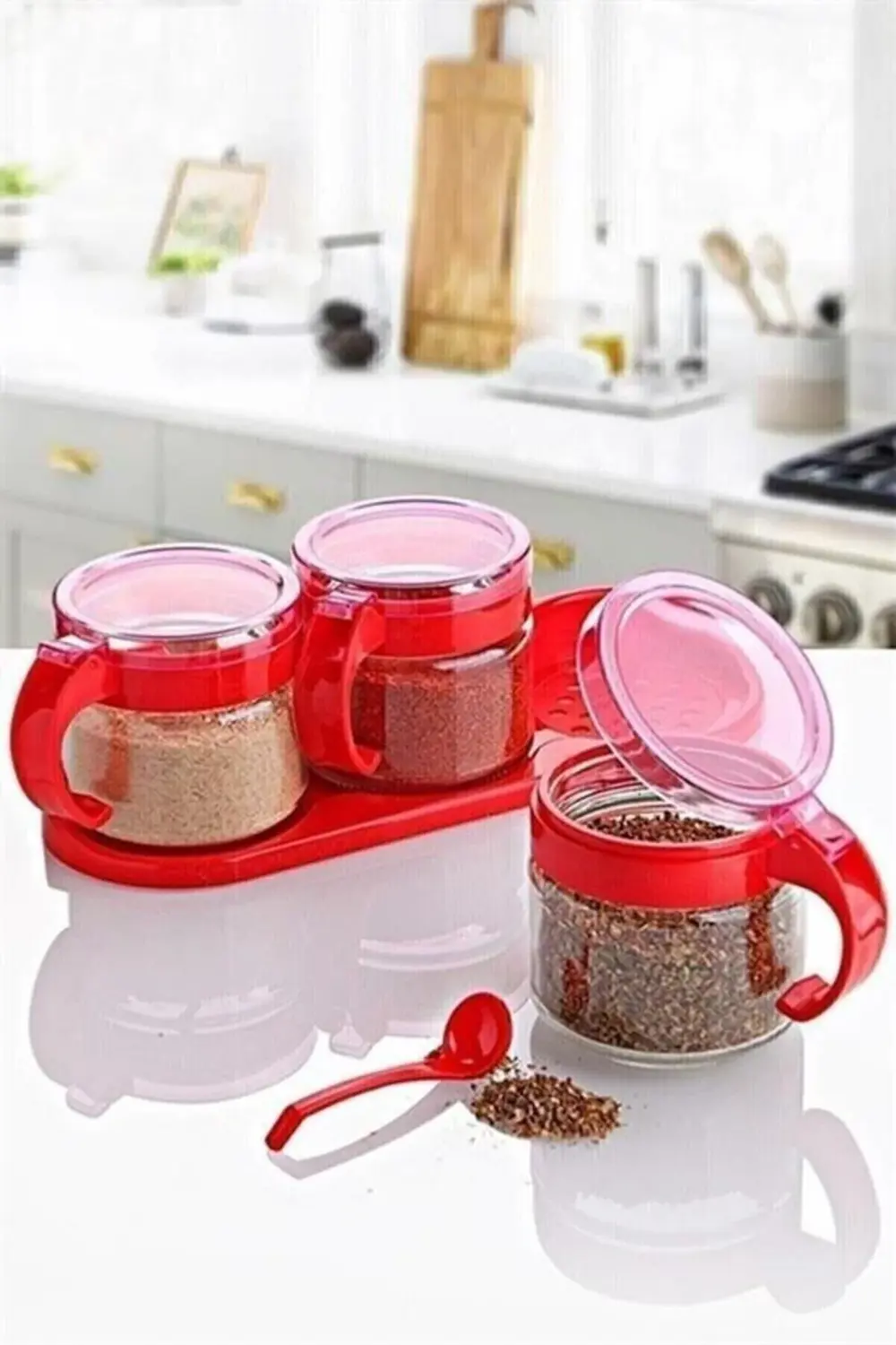® Kırmızı 3lü Standlı Kapaklı Kaşıklı Cam Hava Sızdırmaz Baharatl