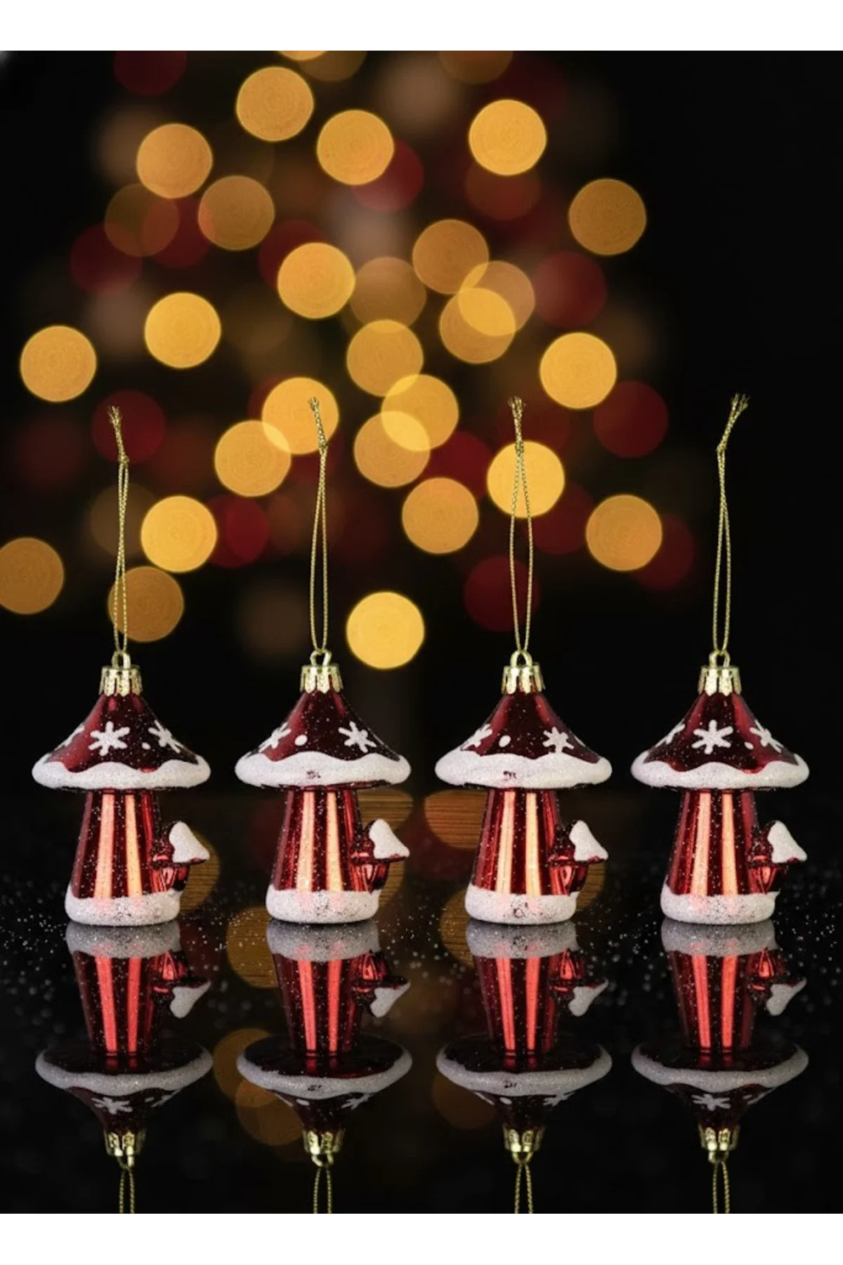 Kırmızı 4'lü Mantar Yılbaşı Süsü, 10 cm, neşeli ve renkli dekoras