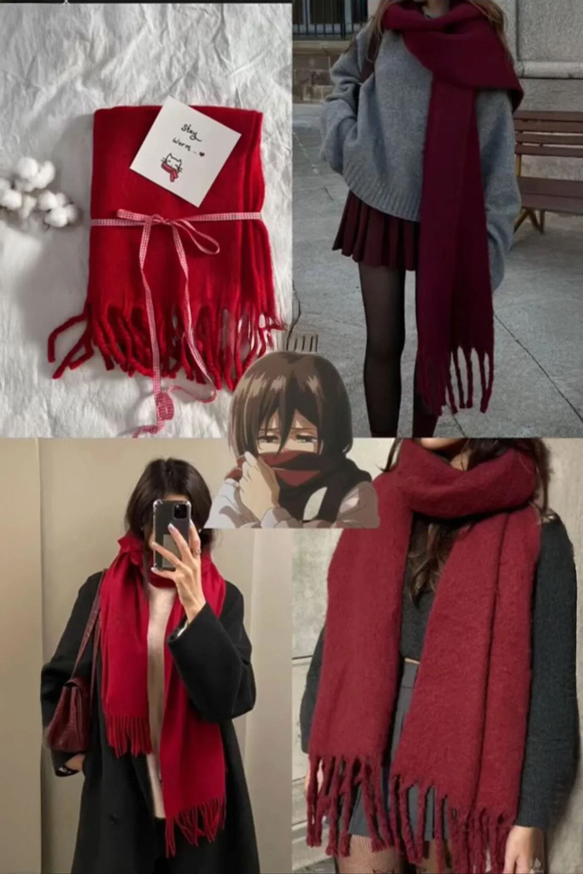 Kırmızı Anime Attack On Titan Mikasa Püsküllü Uzun Oversize Atkı