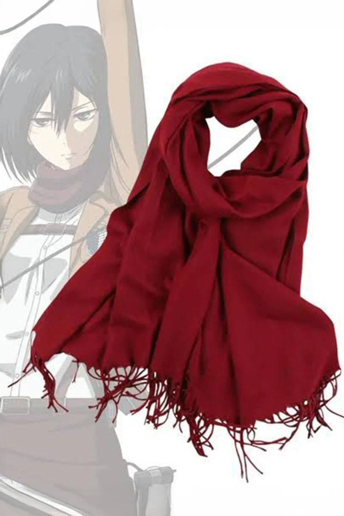 Kırmızı Anime Attack On Titan Mikasa Püsküllü Uzun Oversize Atkı