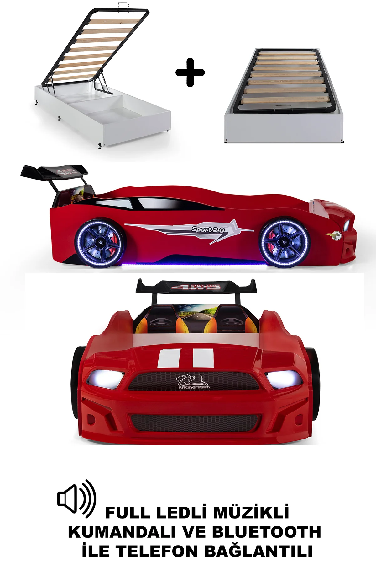Kırmızı Arabalı Yatak Sport Mst Full Ledli Kumandalı Baza Ortopedik Yatak