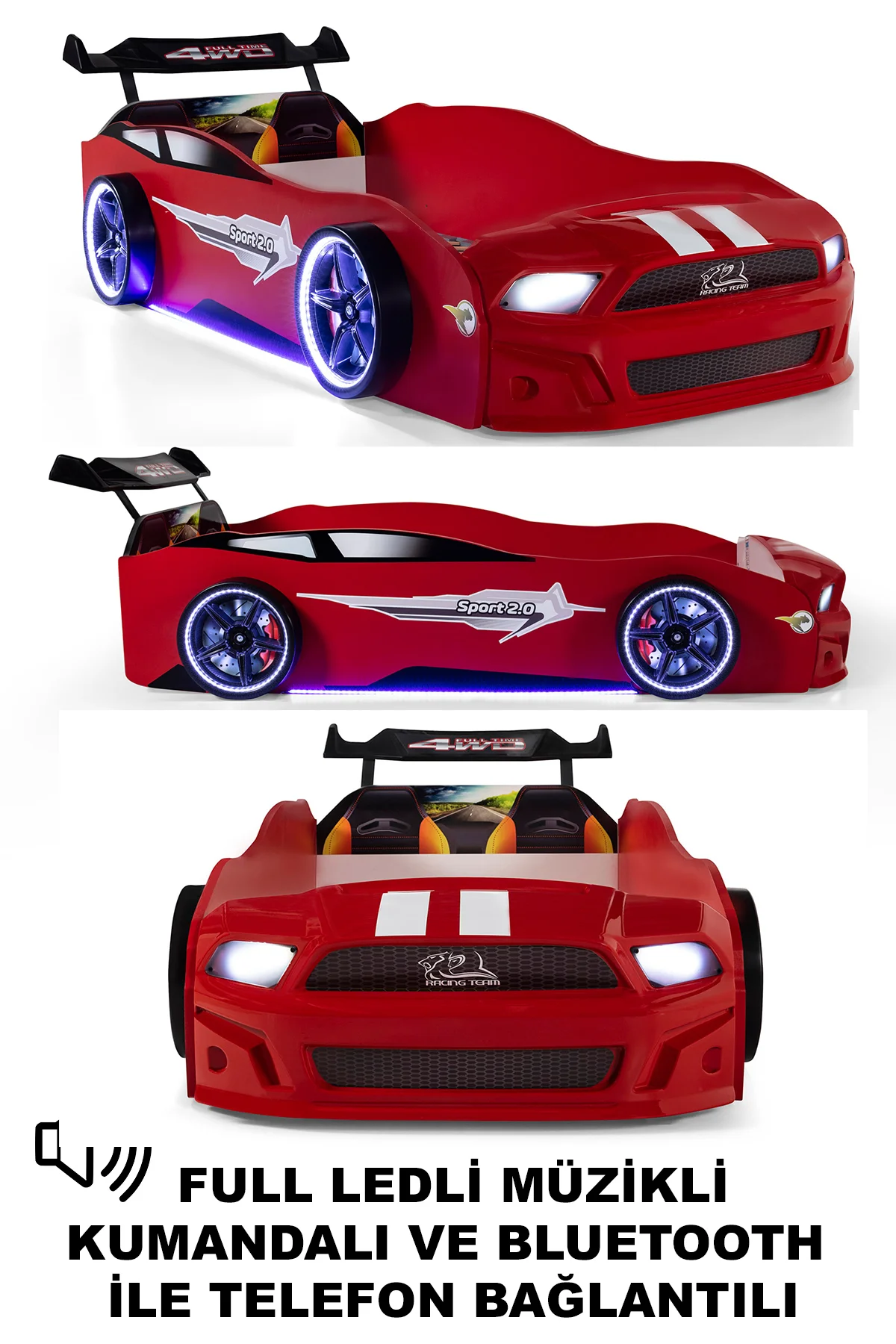 Kırmızı Arabalı Yatak Sport Mst Full Ledli Kumandalı Baza Ortopedik Yatak