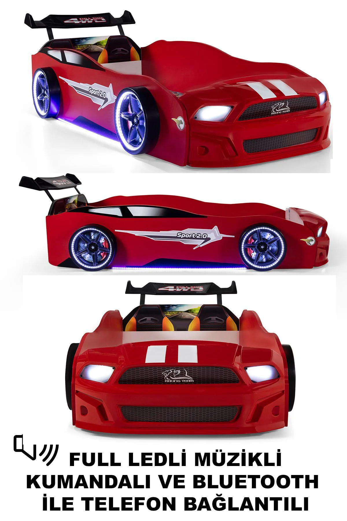 Kırmızı Arabalı Yatak Sport Mst Full Ledli Kumandalı ve Müzikli
