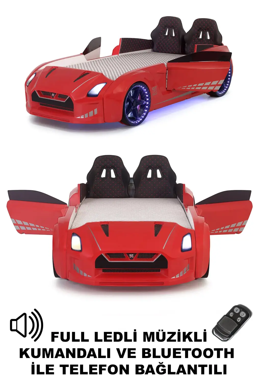 Kırmızı Arabalı Yatak Kapıları Açılan GTR Full Ledli Kumandalı ve