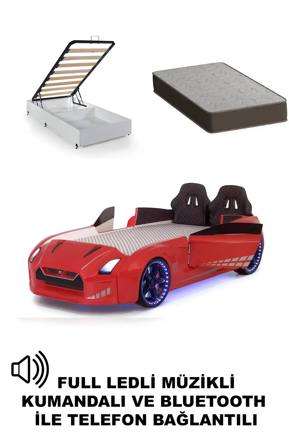Kırmızı Arabalı Yatak Kapıları Açılan GTR Full Ledli Kumandalı ve