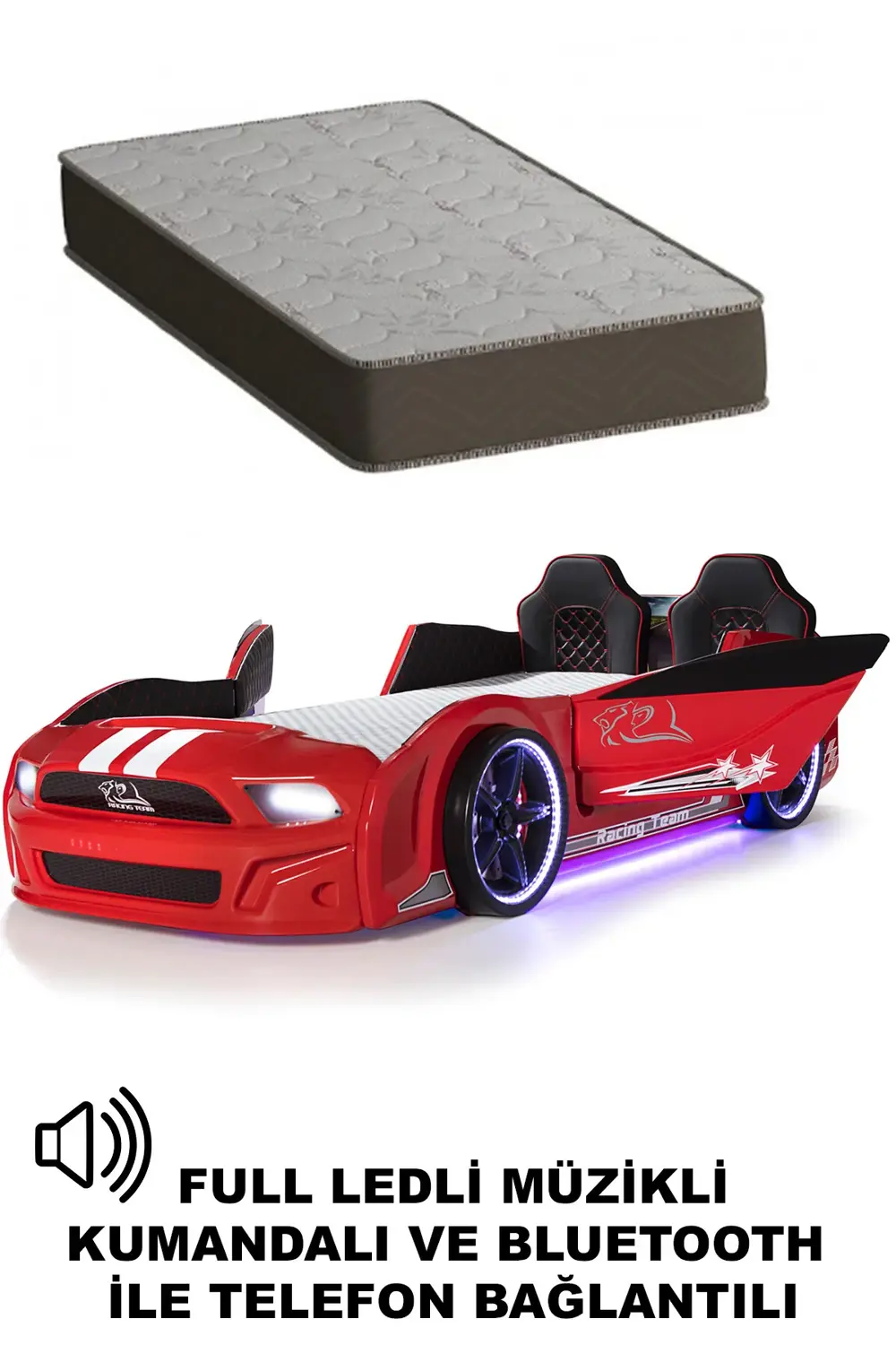 Kırmızı Arabalı Yatak Kapıları Açılan Mustang Full Ledli Kumandal