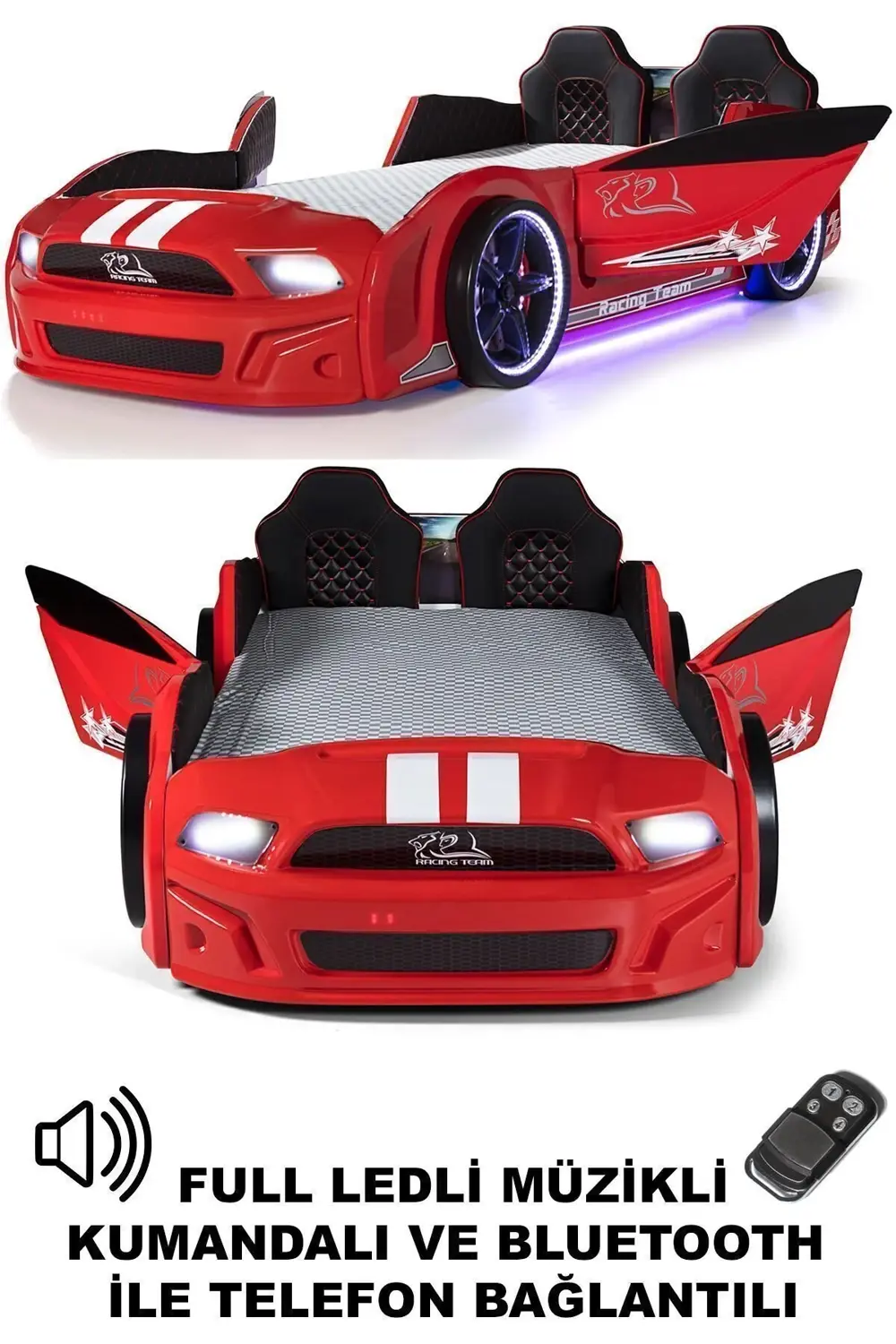 Kırmızı Arabalı Yatak Kapıları Açılan Mustang Full Ledli Kumandal