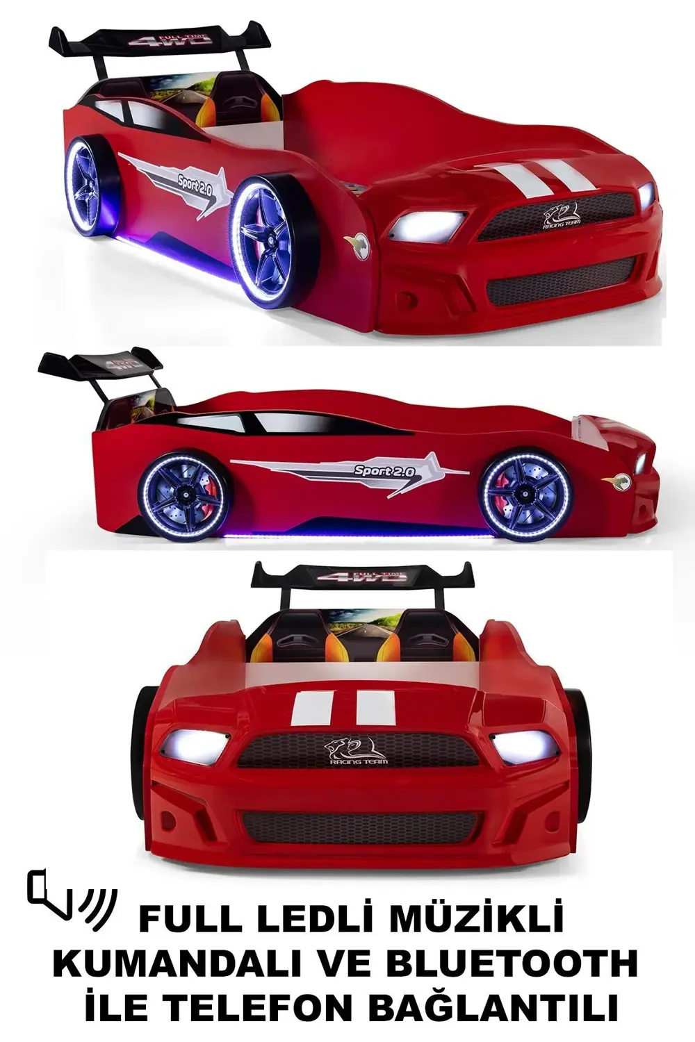 Kırmızı Arabalı Yatak Sport Mst Full Ledli Kumandalı ve Müzikli