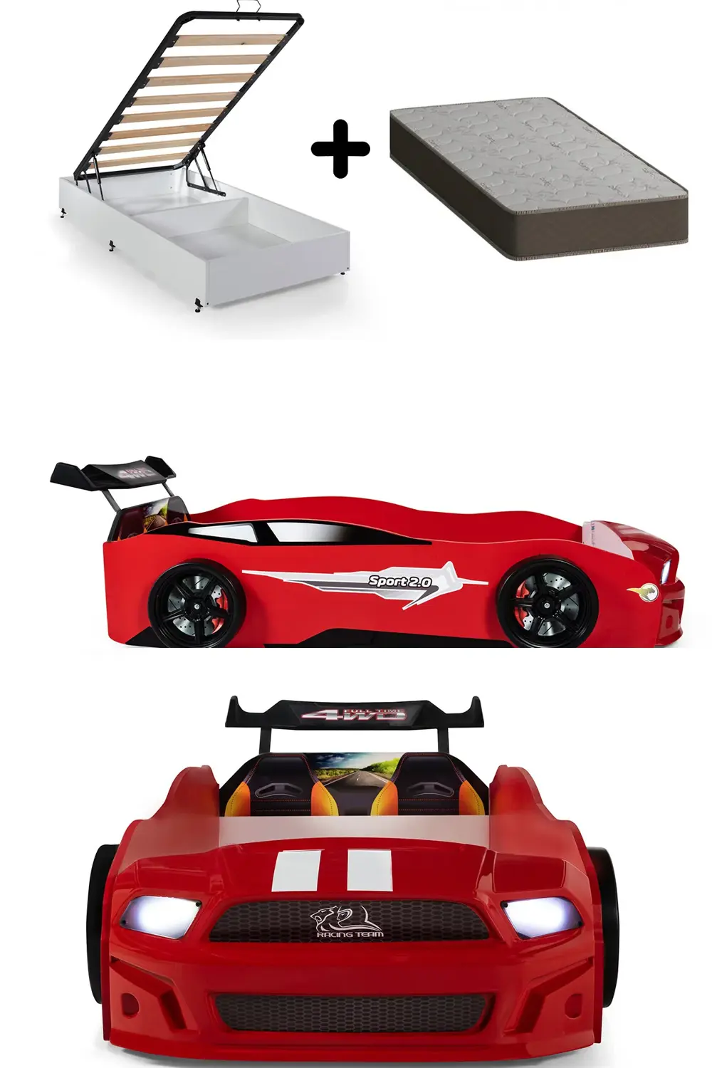 Kırmızı Arabalı Yatak Sport Mst Işıklı Baza Ortopedik Yatak