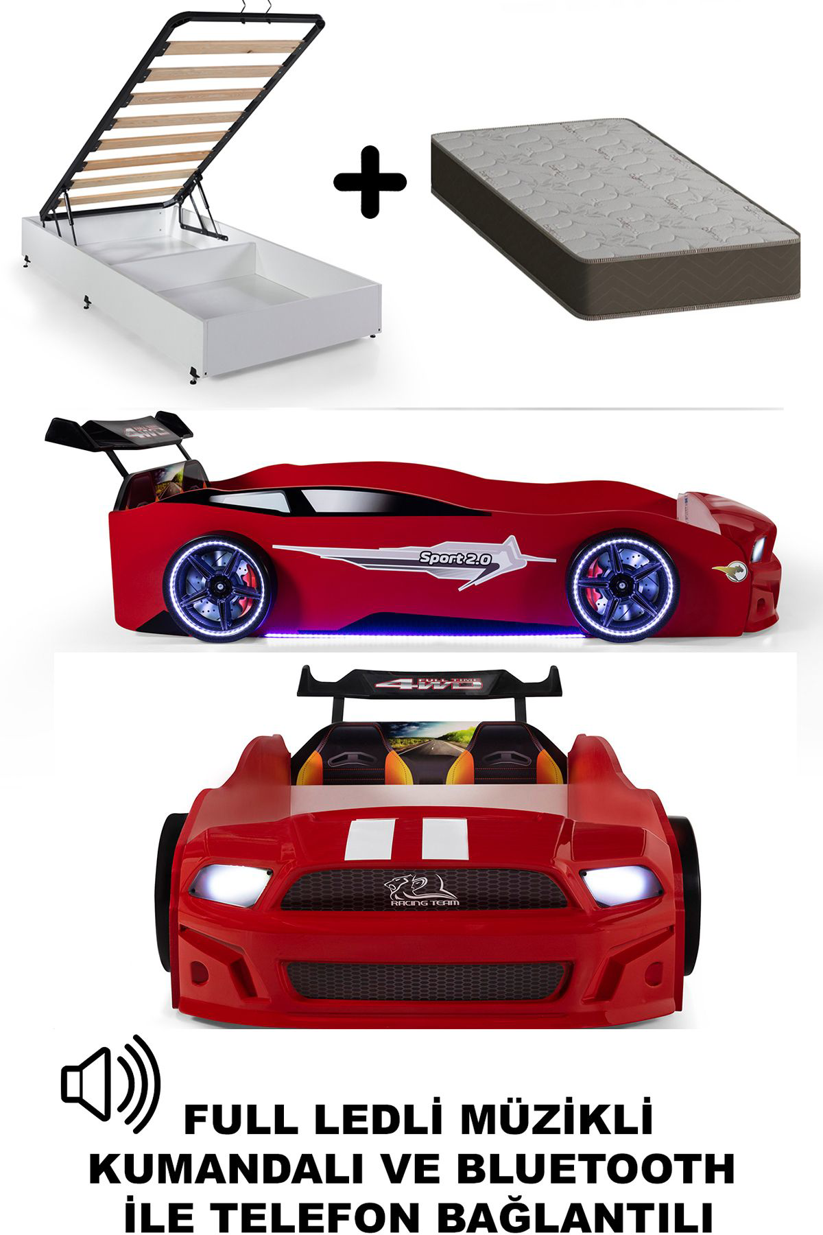Ferramini Kirmizi Arabali Yatak Sport Mst Full Ledli Kumandali Baza Ortoped