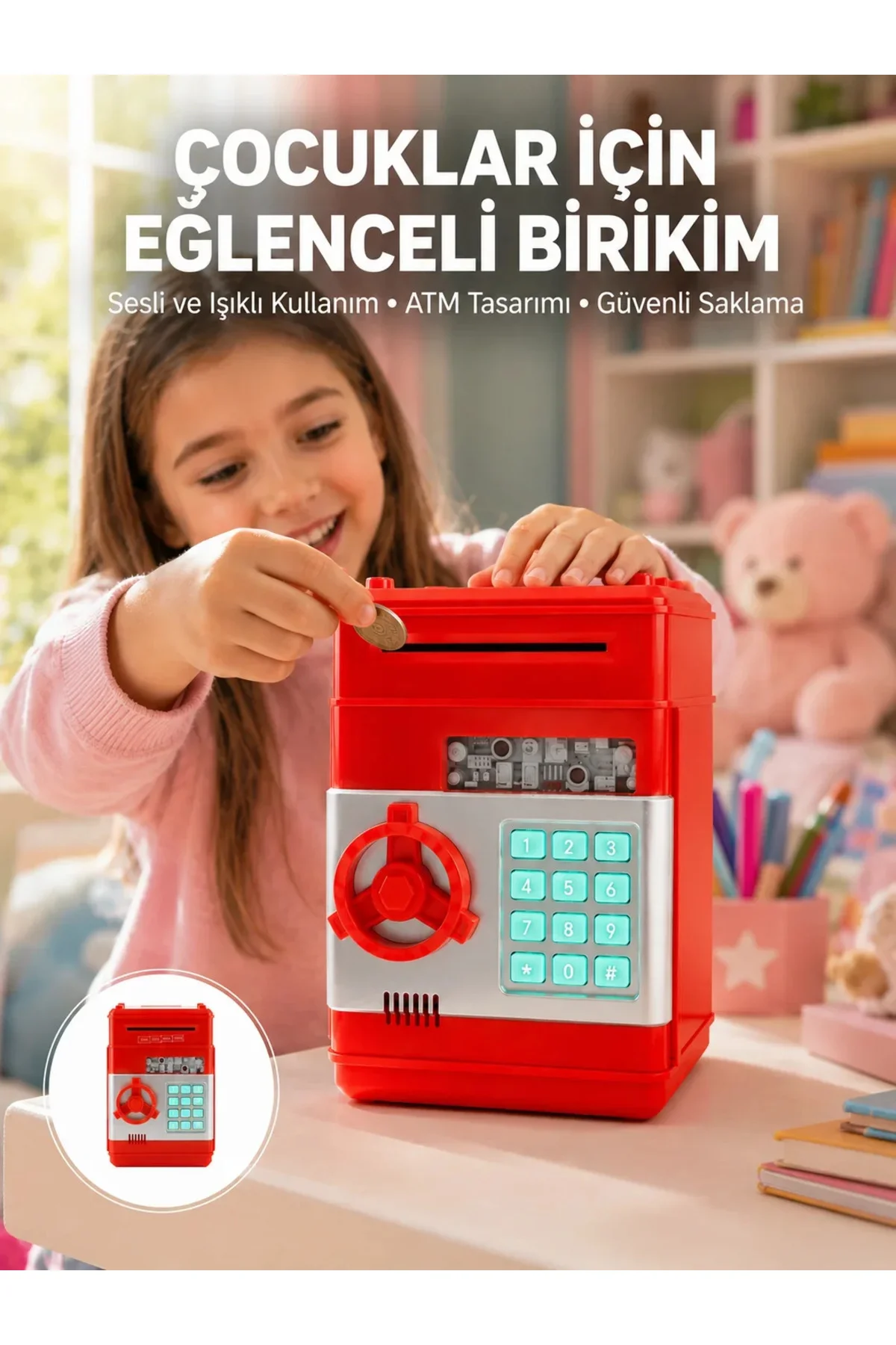 Kırmızı ATM Kasa Tipi Para Biriktirme Kumbarası Kırmızı ATM Kasa Tipi Para Biriktirme Kumbarası