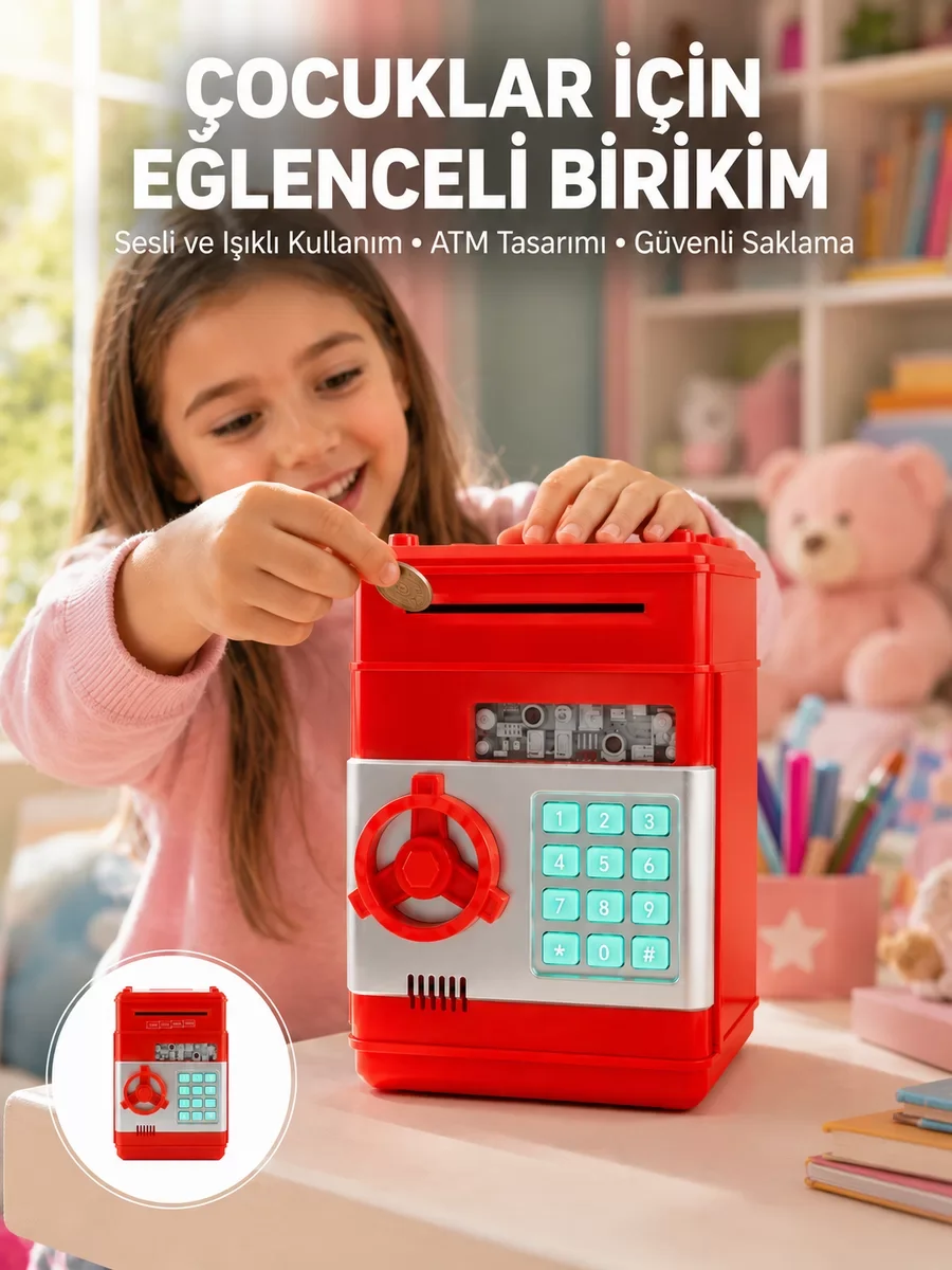 Kırmızı ATM Kasa Tipi Para Biriktirme Kumbarası - Güvenli ve Şifreli