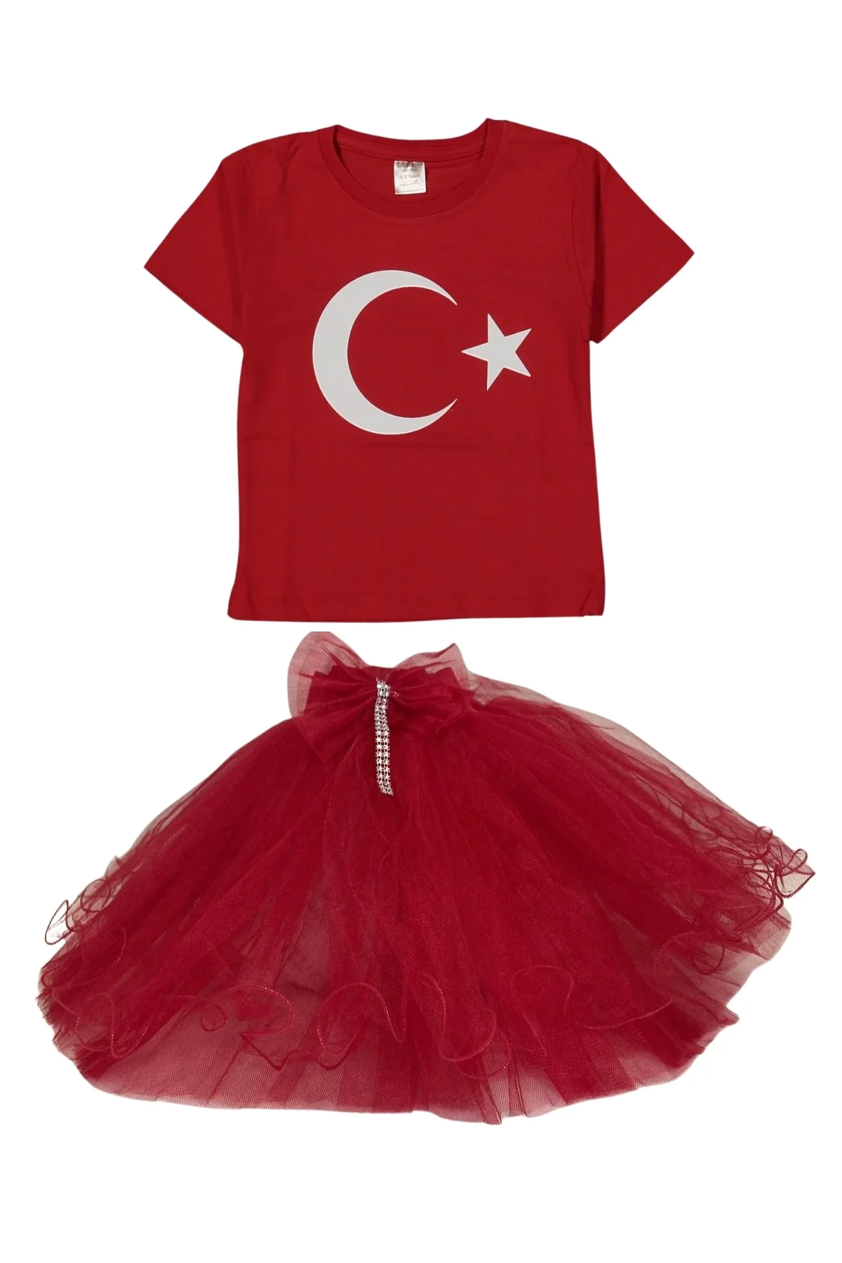 Kırmızı Ay Yıldız Baskılı Tişört Tütü Etek Takımı