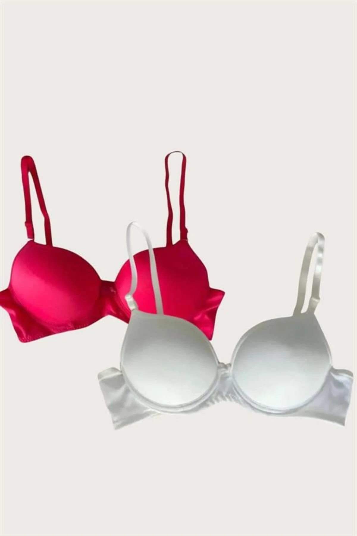 Kırmızı-Beyaz 2'li Mikro Kumaş Push Up Dolgulu Balenli Günlük Destekli Sütyen - SSSSSS5050-9 - Görsel 2
