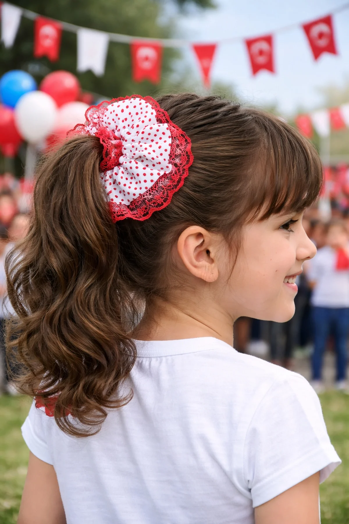 Kırmızı Beyaz Çocuk Lastik Toka Scrunchie 23 Nisan Bayram Puantiyeli