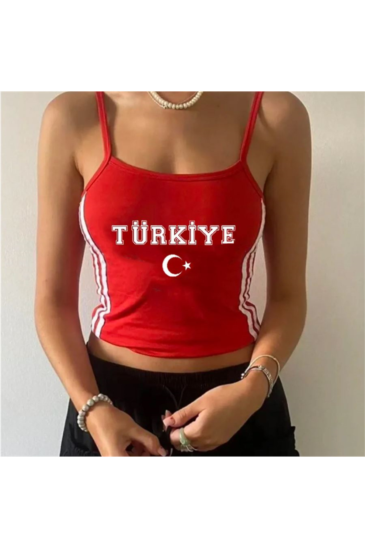 Kırmızı Beyaz Şeritli Türkiye Ay Yıldız Y2K Askılı Crop