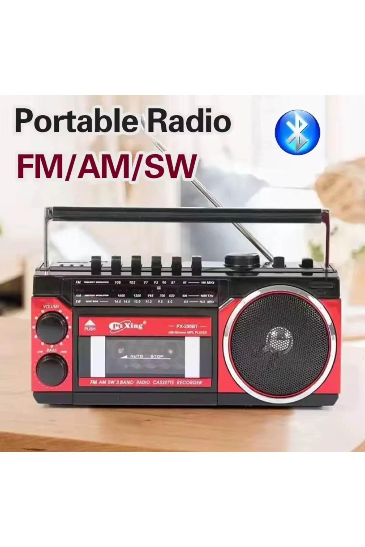 Kırmızı Bluetooth özellikli FM radyo USB MP3 çalar kaset çalar nostaljik müzik seti