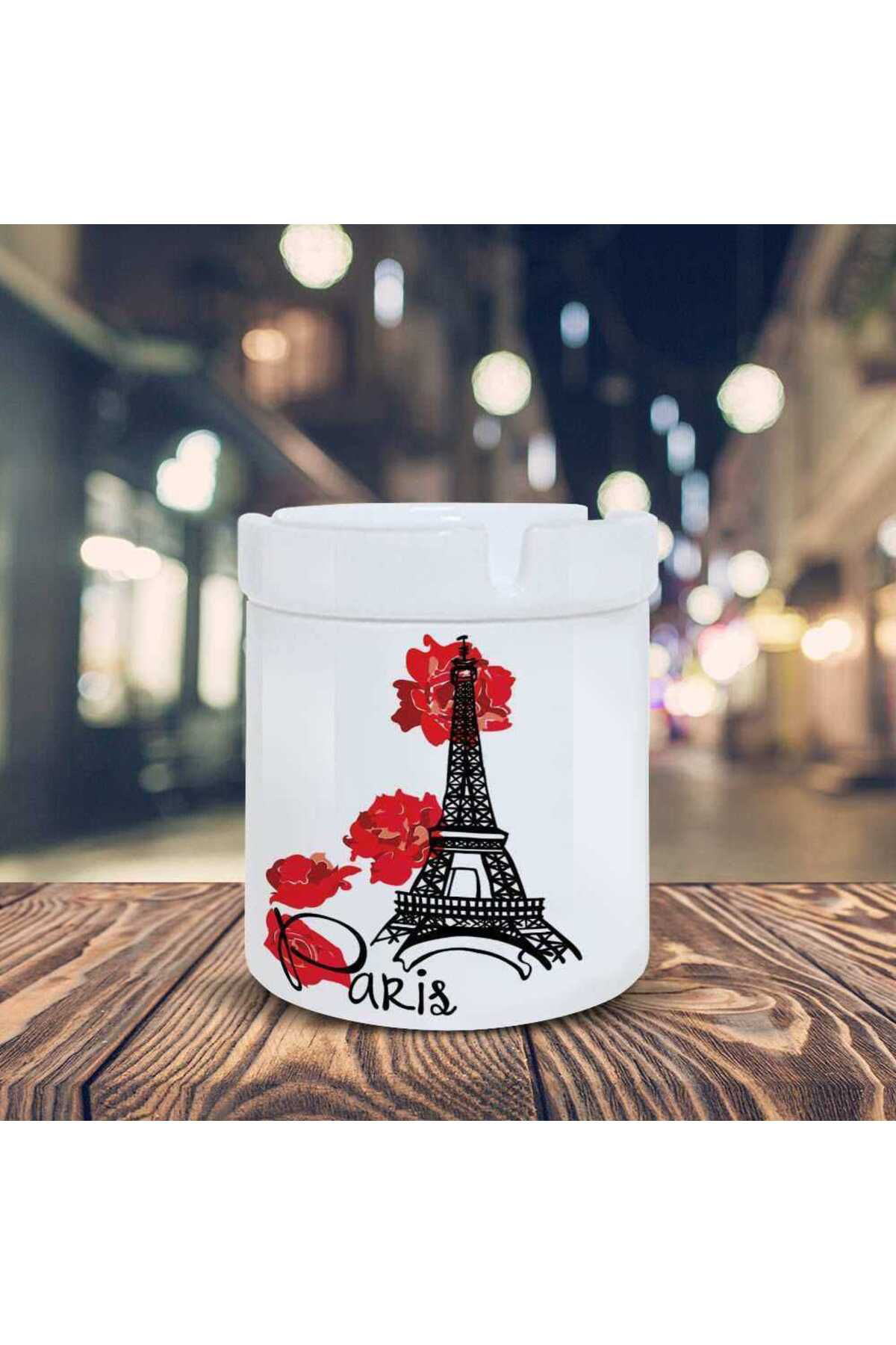 Asilmeydan Kırmızı Çiçekler Eyfel Kulesi Baskılı Küllük Kül Tablası -33610