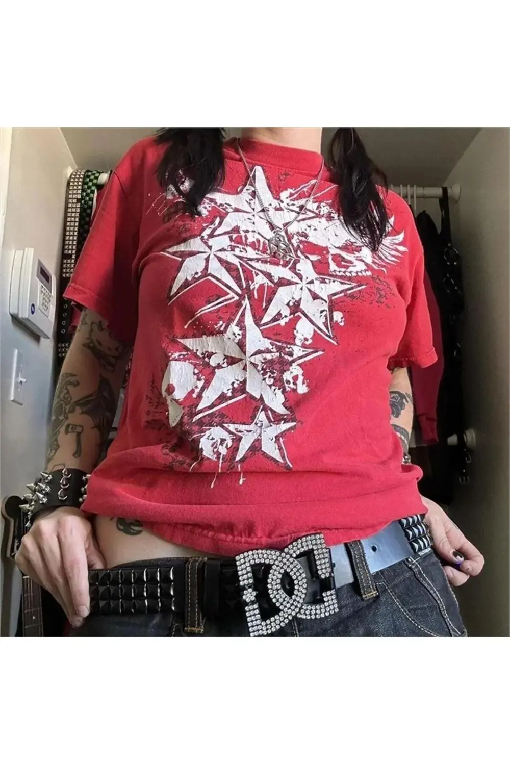 Kırmızı Cyber Grunge Vintage Star T-shirt