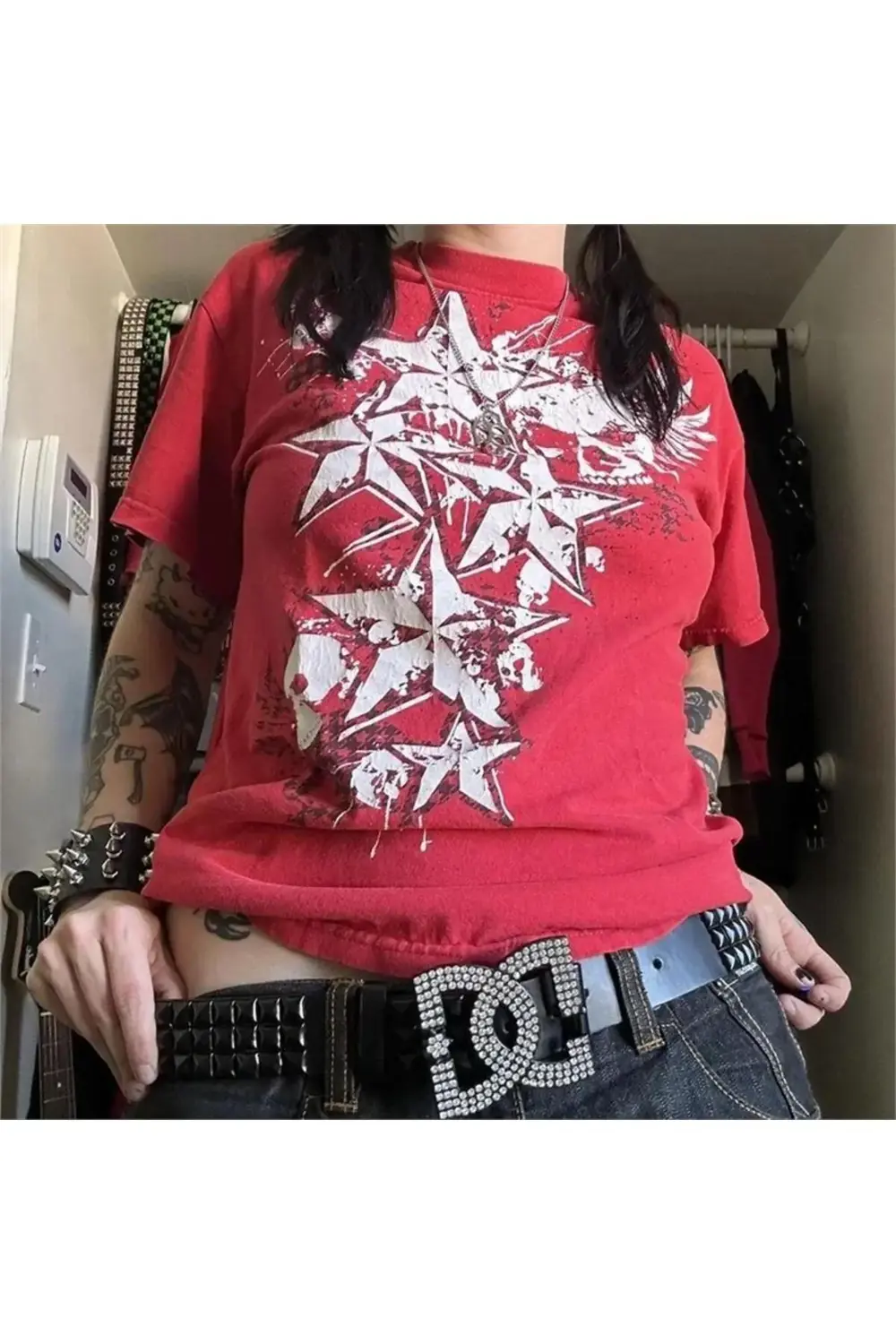 Kırmızı Cyber Grunge Vintage Star T-shirt