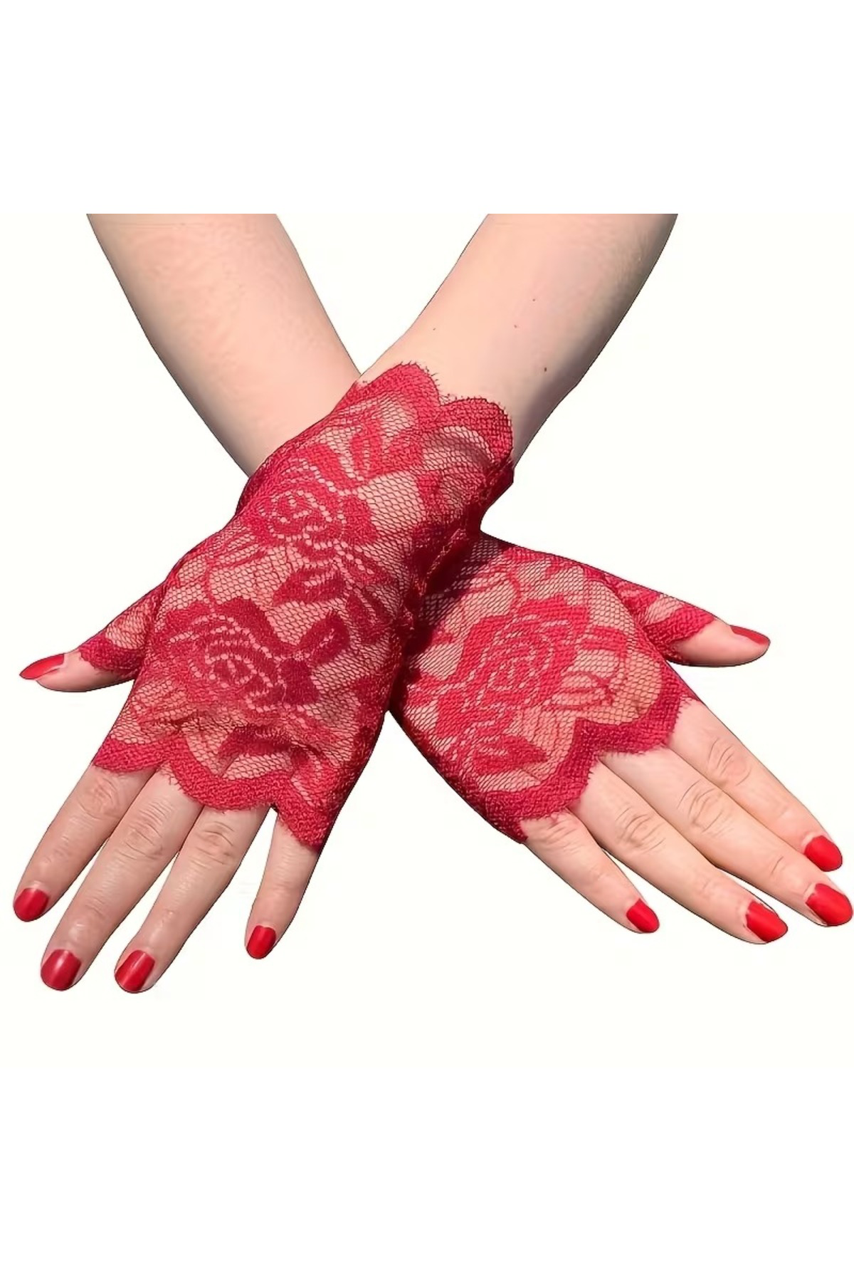 Kırmızı Dantel Parmaksız Kısa Eldiven
