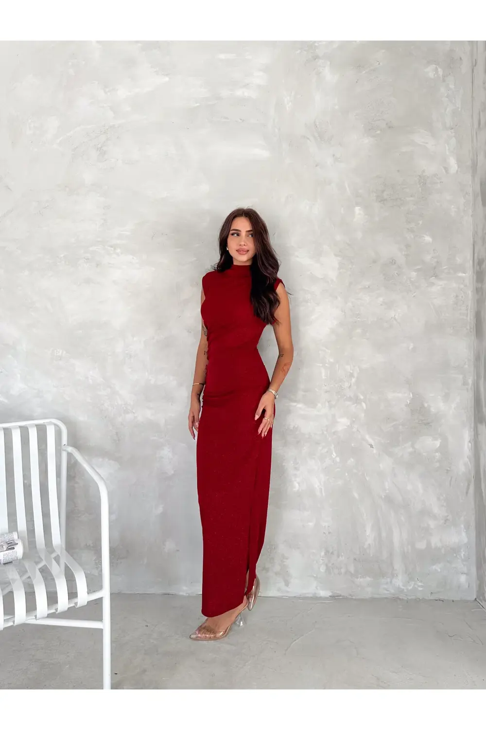 Fiolin Kırmızı Drapeli Midi Boy Sim Detaylı Elbise