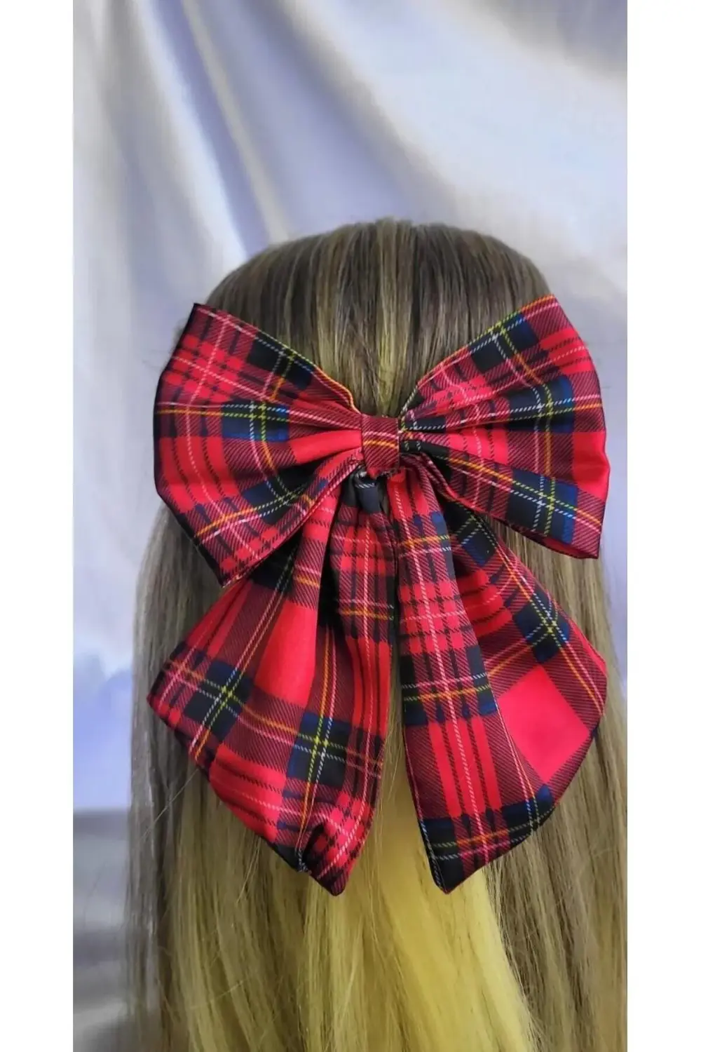 kırmızı ekoseli otomatik klipsli krep kumaş toka