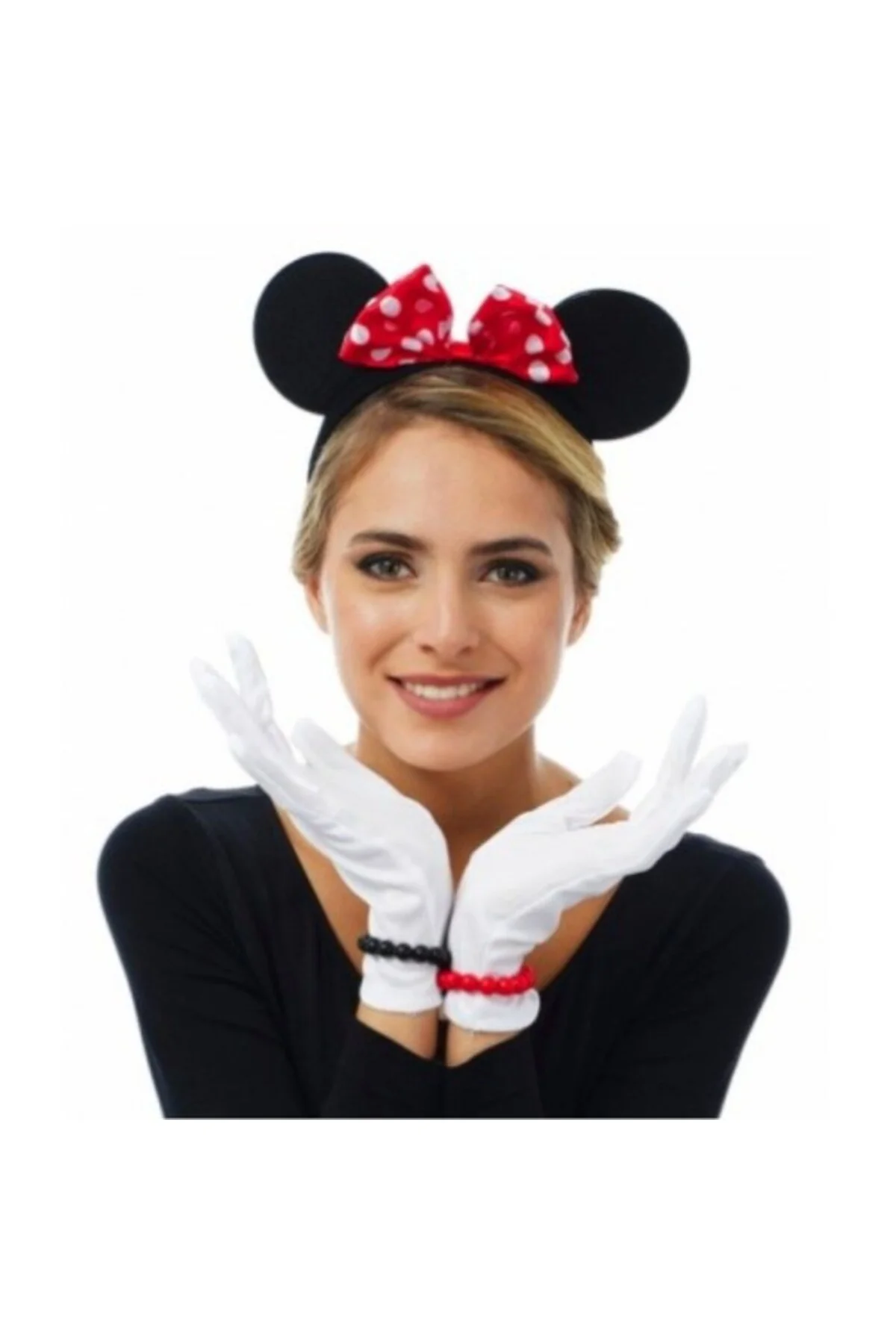 Kırmızı Fiyonklu Minnie Mouse Tacı ve Beyaz Eldiven Seti