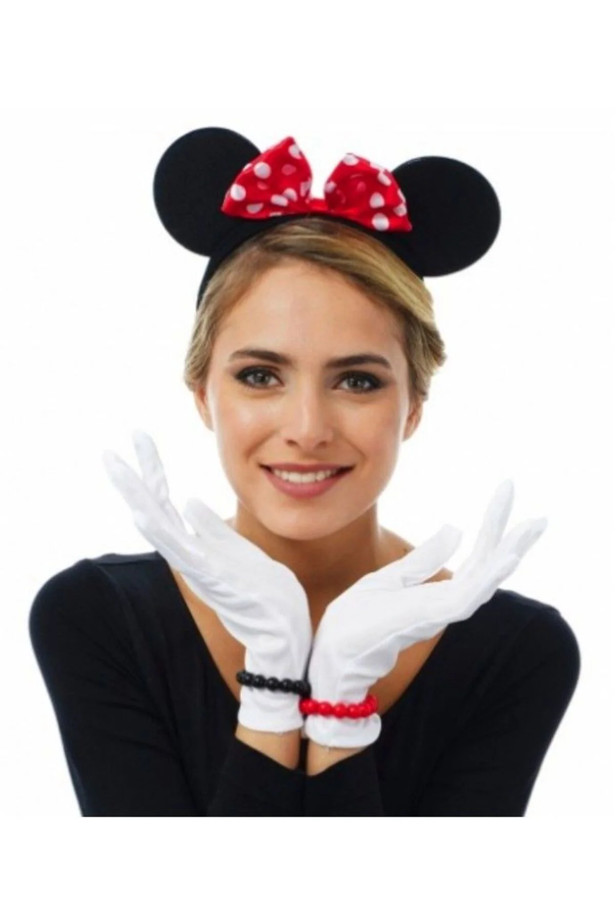 Kırmızı Fiyonklu Minnie Mouse Tacı ve Beyaz Eldiven Seti