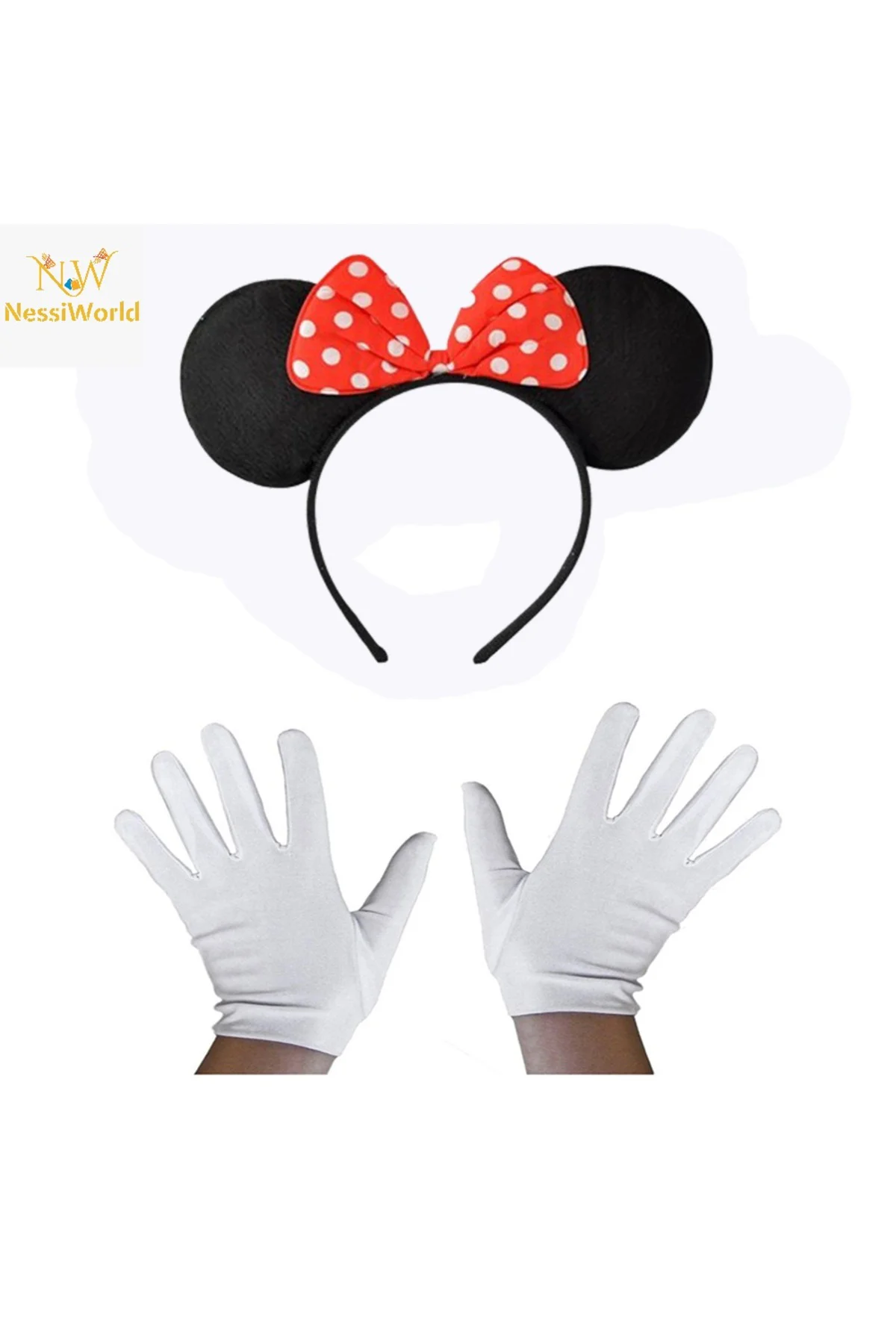 Kırmızı Fiyonklu Minnie Mouse Tacı ve Beyaz Eldiven Seti