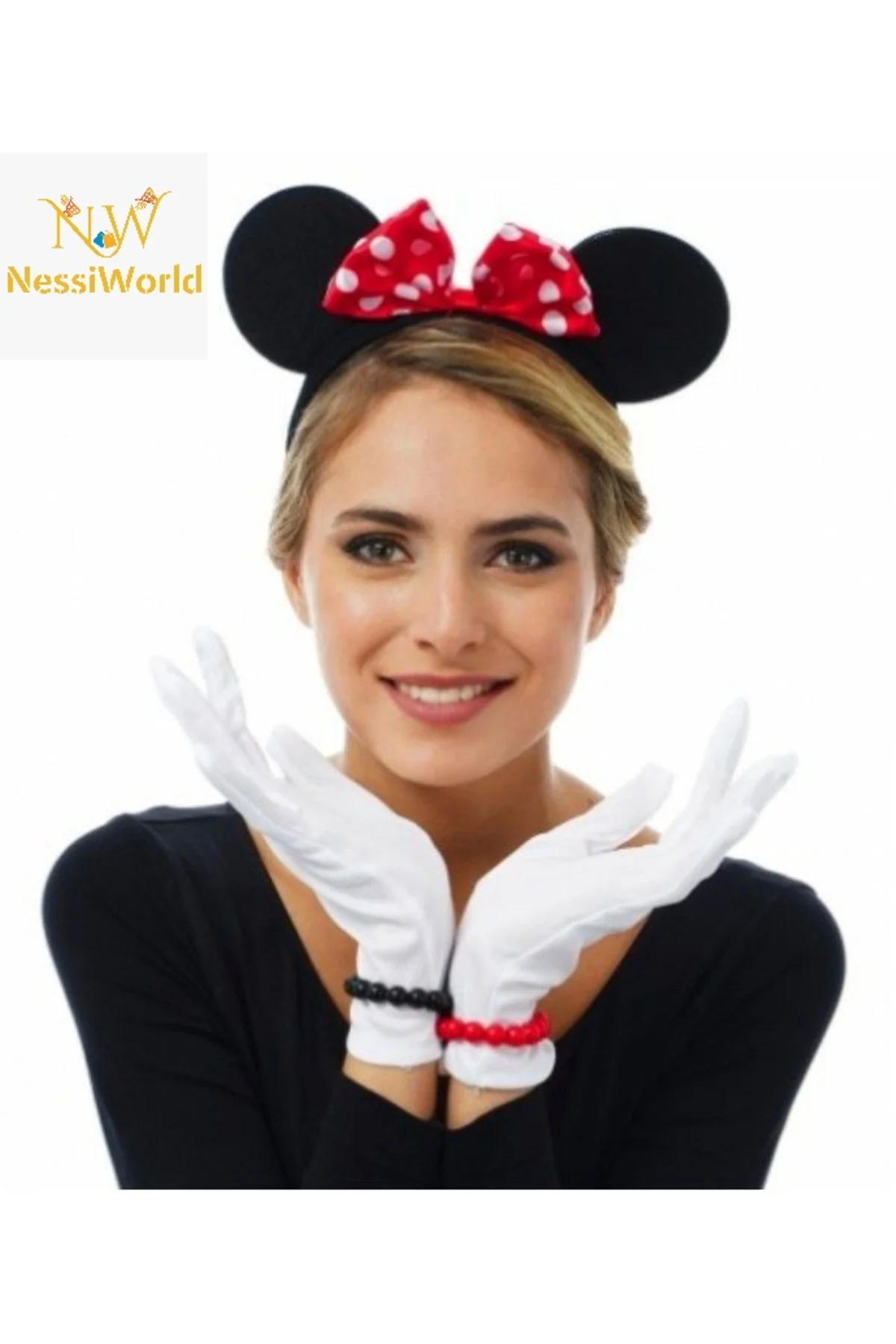 Kırmızı Fiyonklu Minnie Mouse Tacı ve Beyaz Eldiven Seti