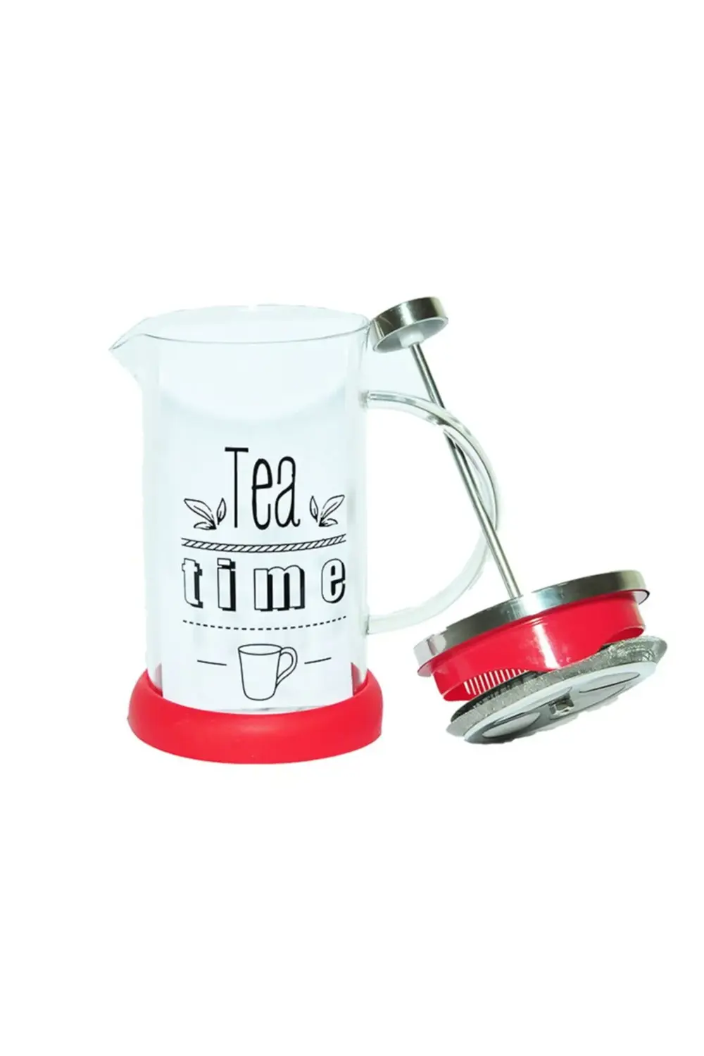 Kırmızı  French Press Bitki Çayı Cam Demliği 600 Ml