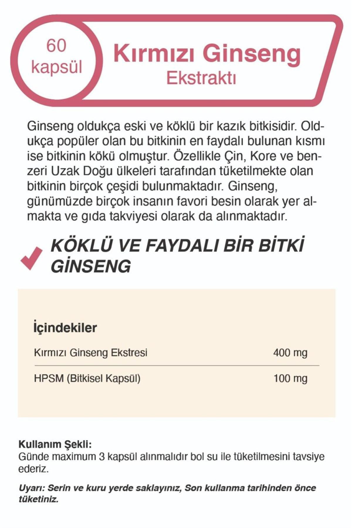 Kırmızı Ginseng Ekstraktı 60 Kapsül Panax Ginseng Red Ginseng x2 